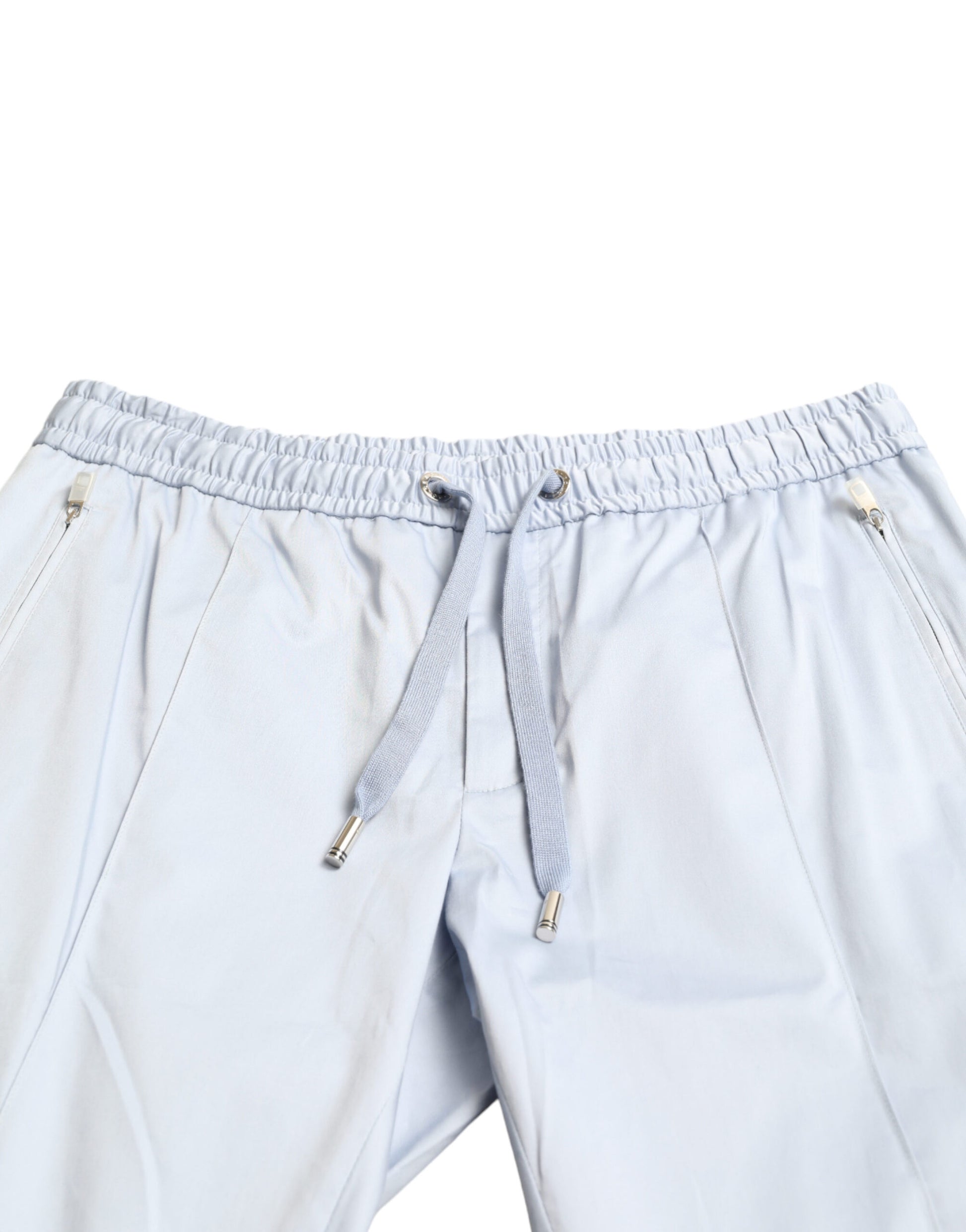 Light blue athletic shorts with drawstring waistband