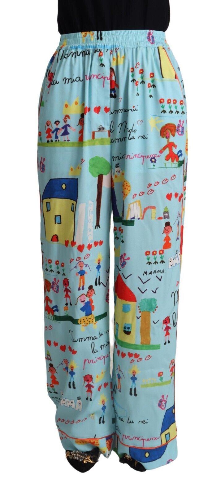 Pair of colorful pants with cartoon illustrations
