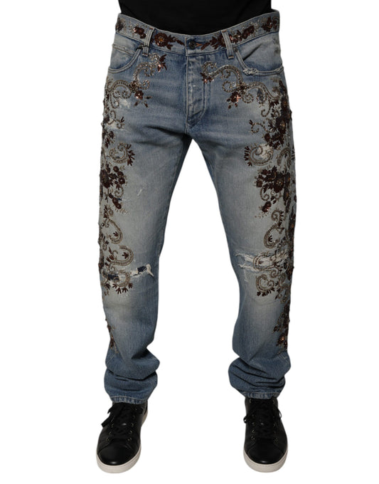 Pair of blue jeans with floral pattern on legs