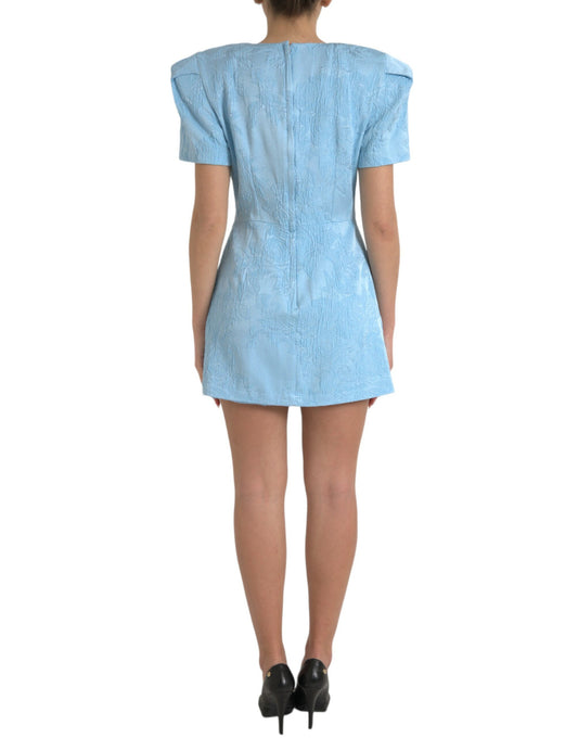 A light blue floral jacquard dress with puff sleeves