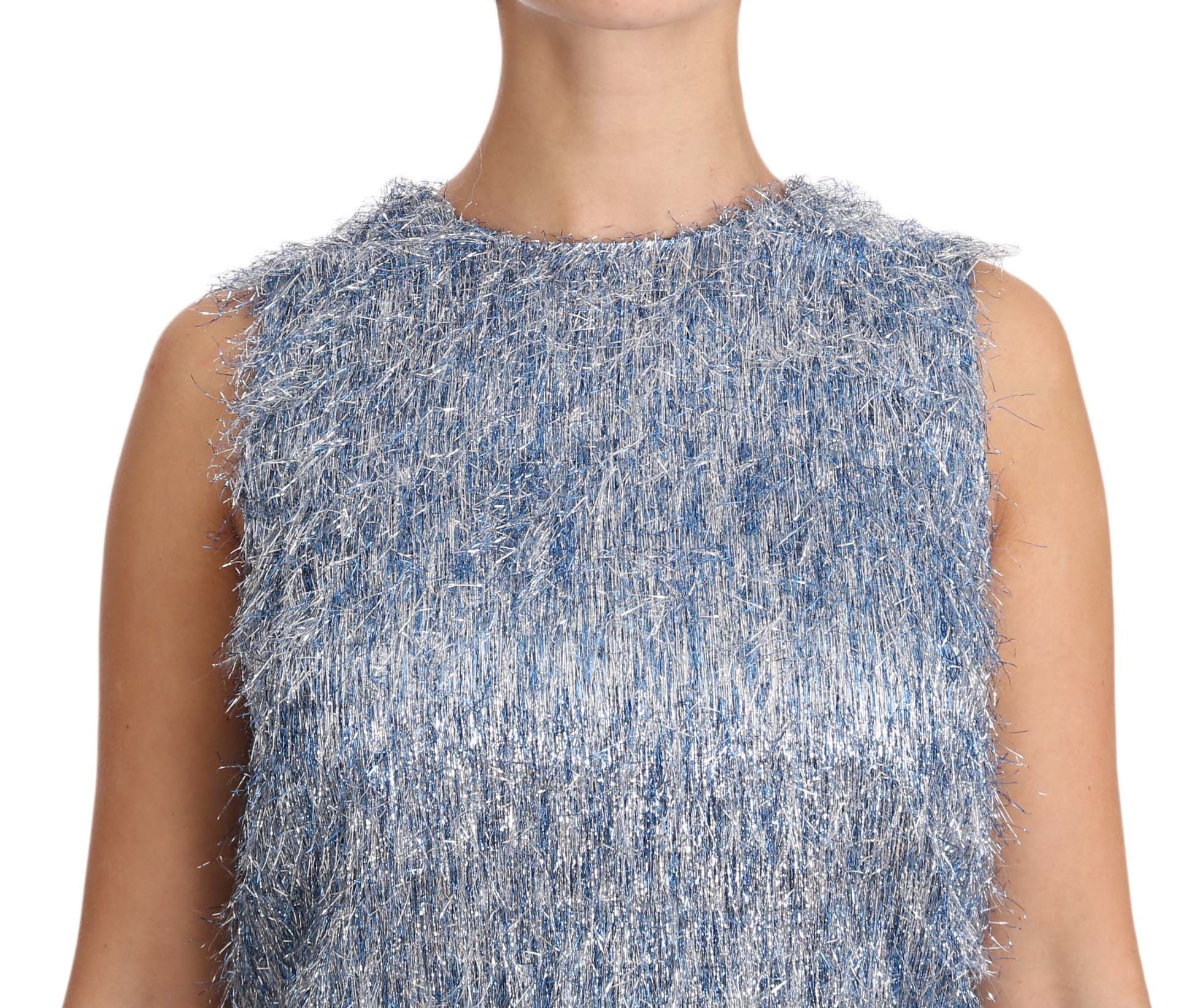 A light blue fringed shift dress with a textured design