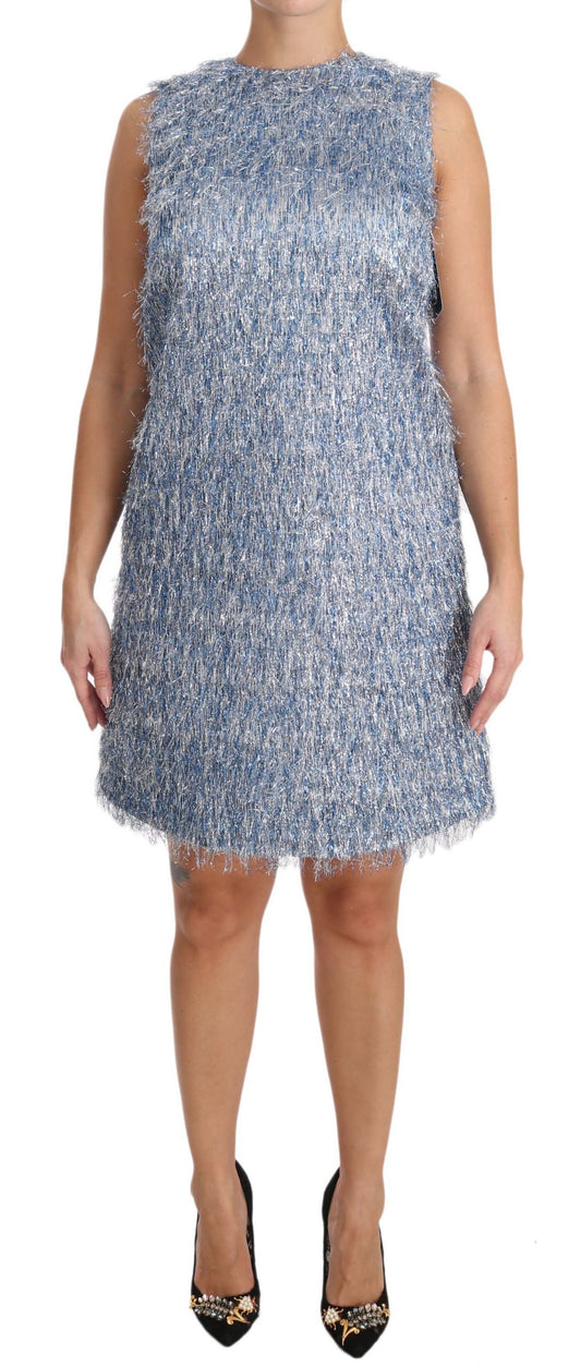 A sleeveless, light blue dress with sequins and fringe details