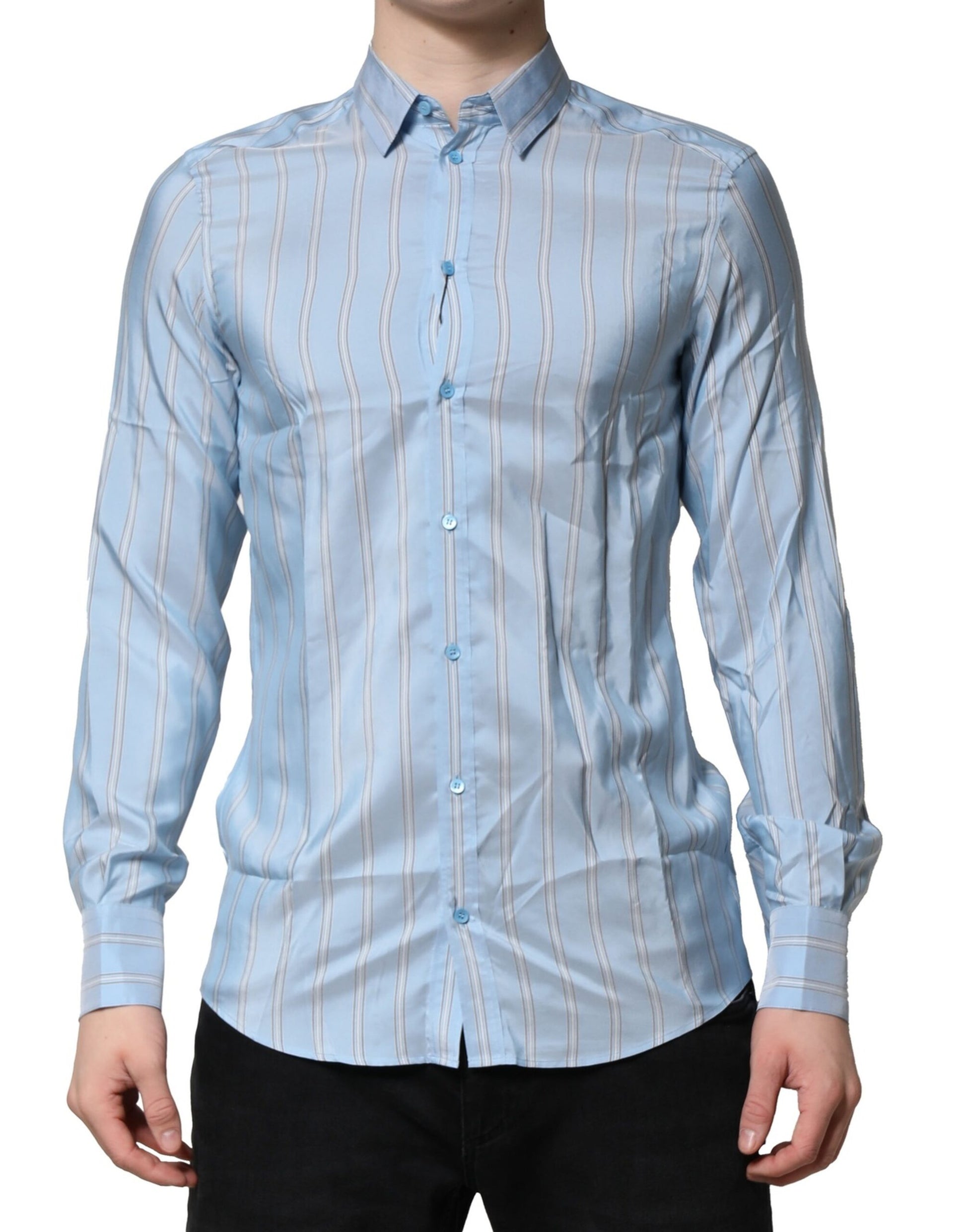 Men's light blue striped dress shirt with long sleeves and button-down collar