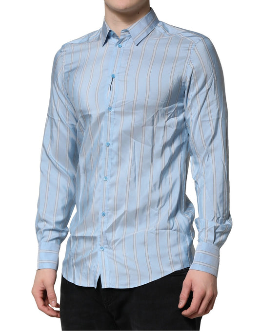 Men's light blue striped dress shirt with long sleeves and button-down collar