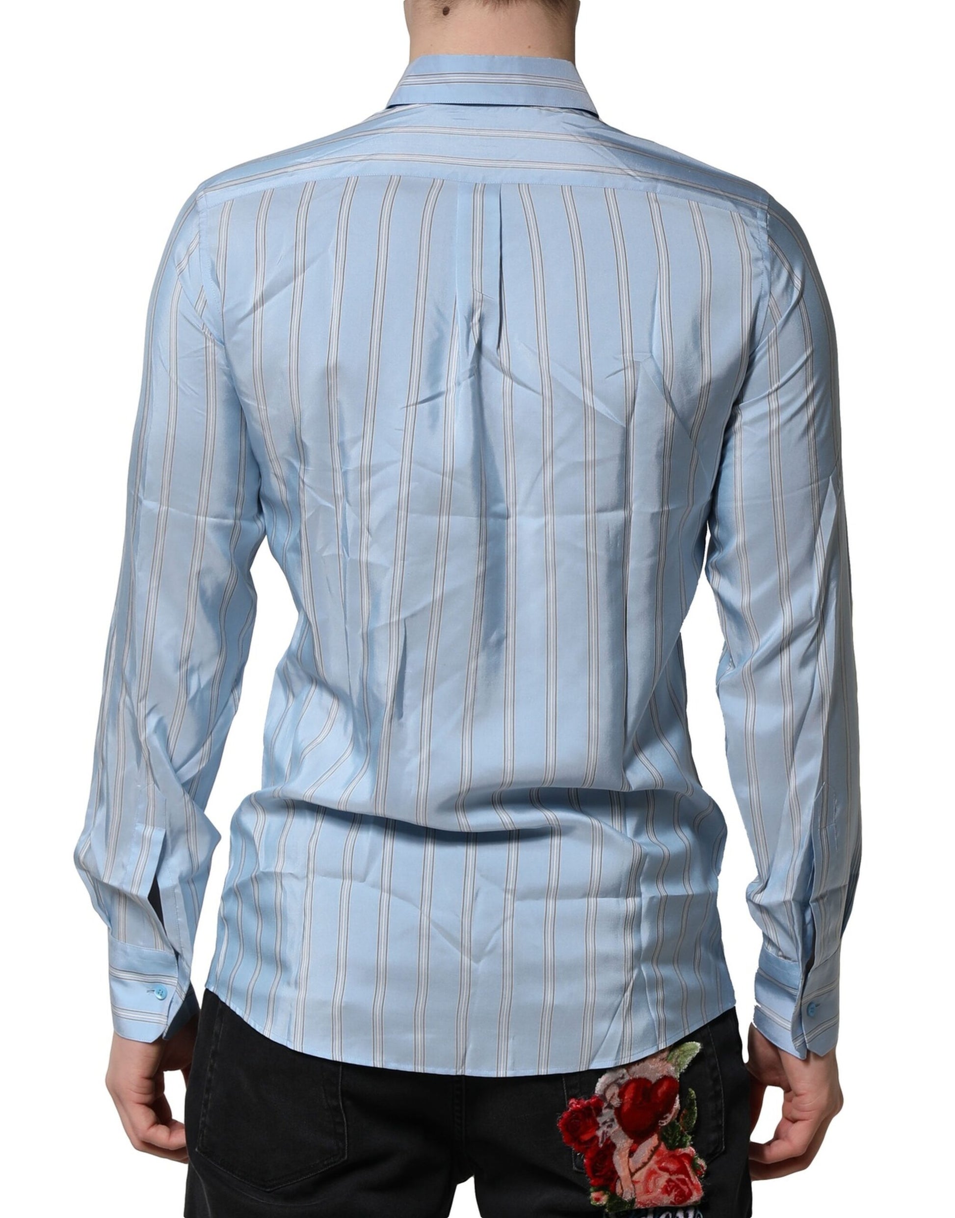 A light blue striped formal dress shirt with a collar and long sleeves