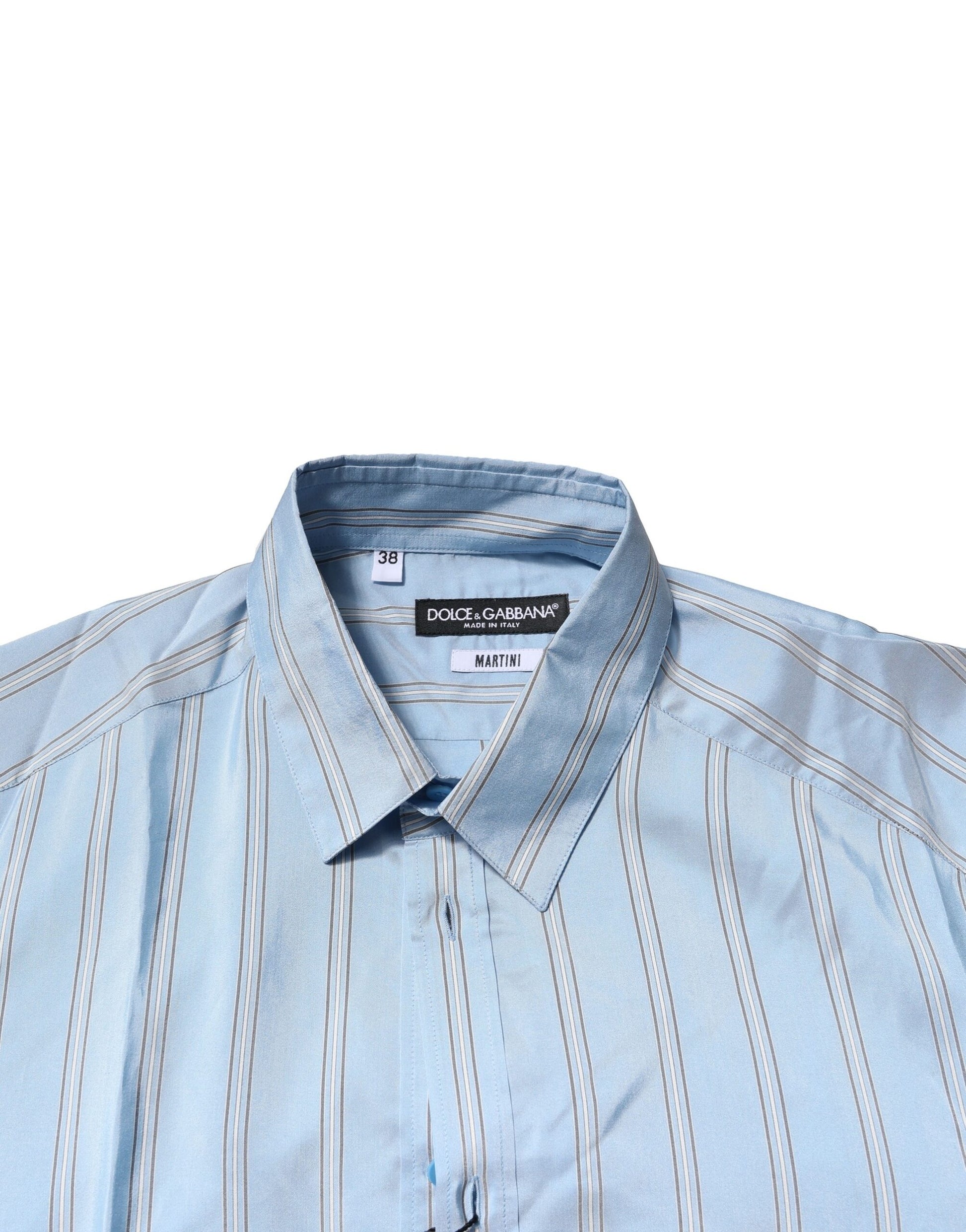 A light blue striped men's dress shirt with a collar and long sleeves