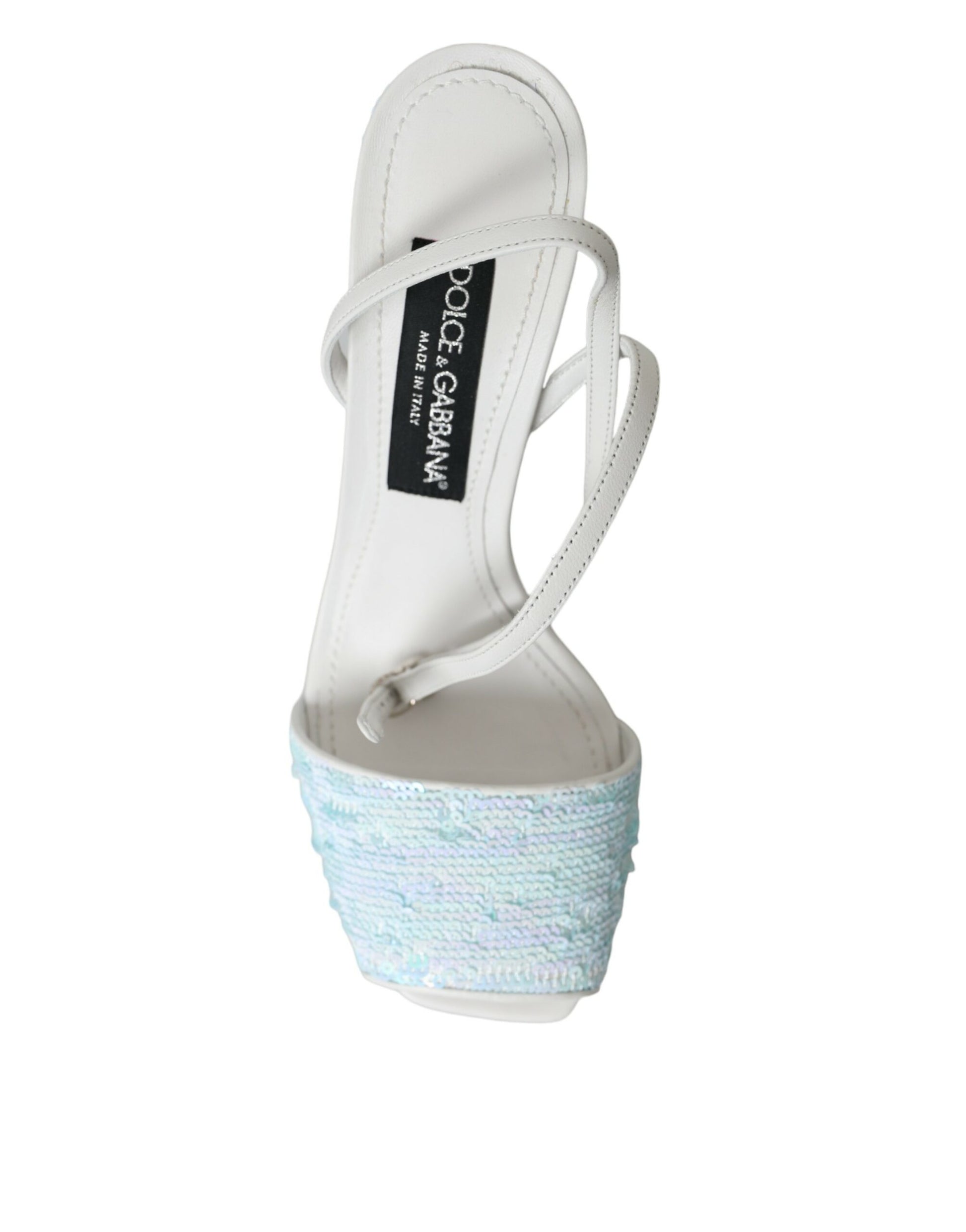 White sandal with blue glittery heel