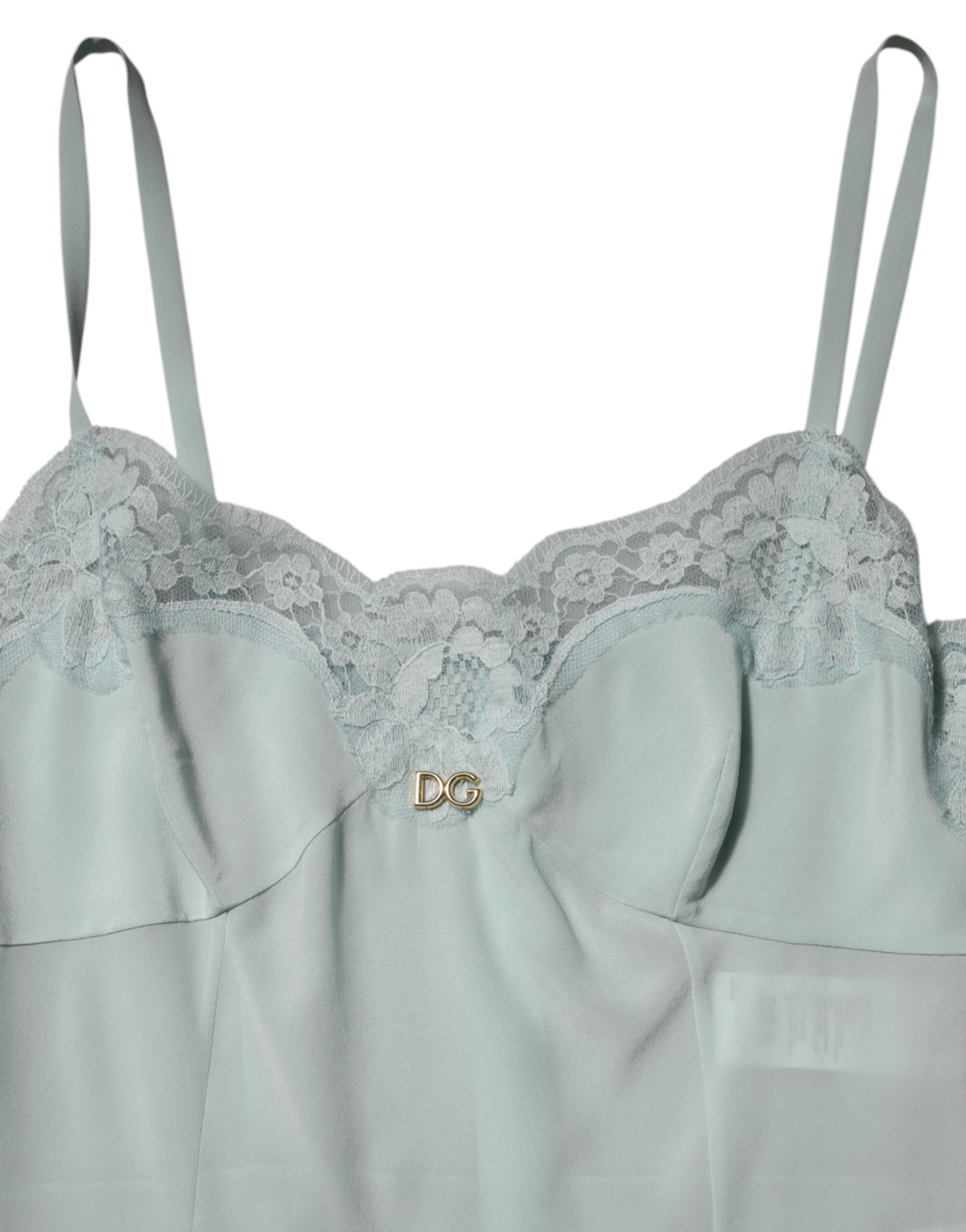 A light blue silk lace midi bodycon slip dress with a gold logo