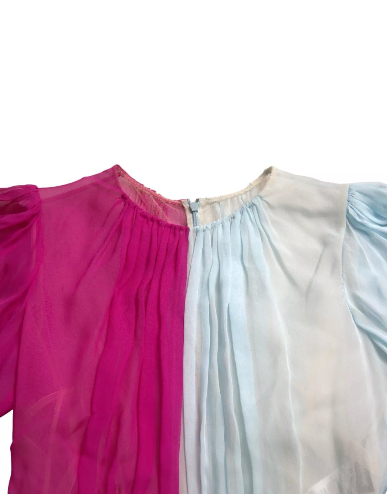 Pink and light blue silk dress with ruffled sleeves