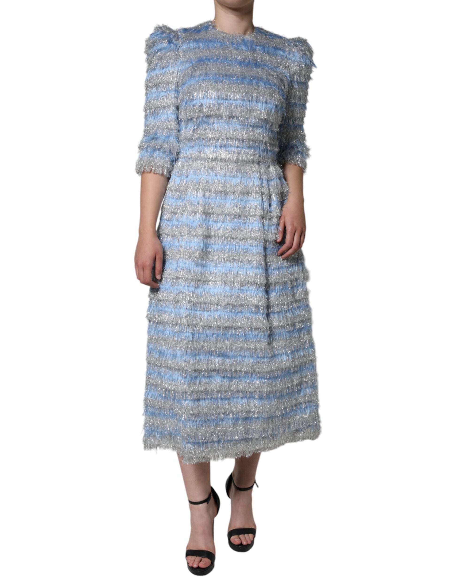 A-line midi dress with light blue and silver jacquard pattern