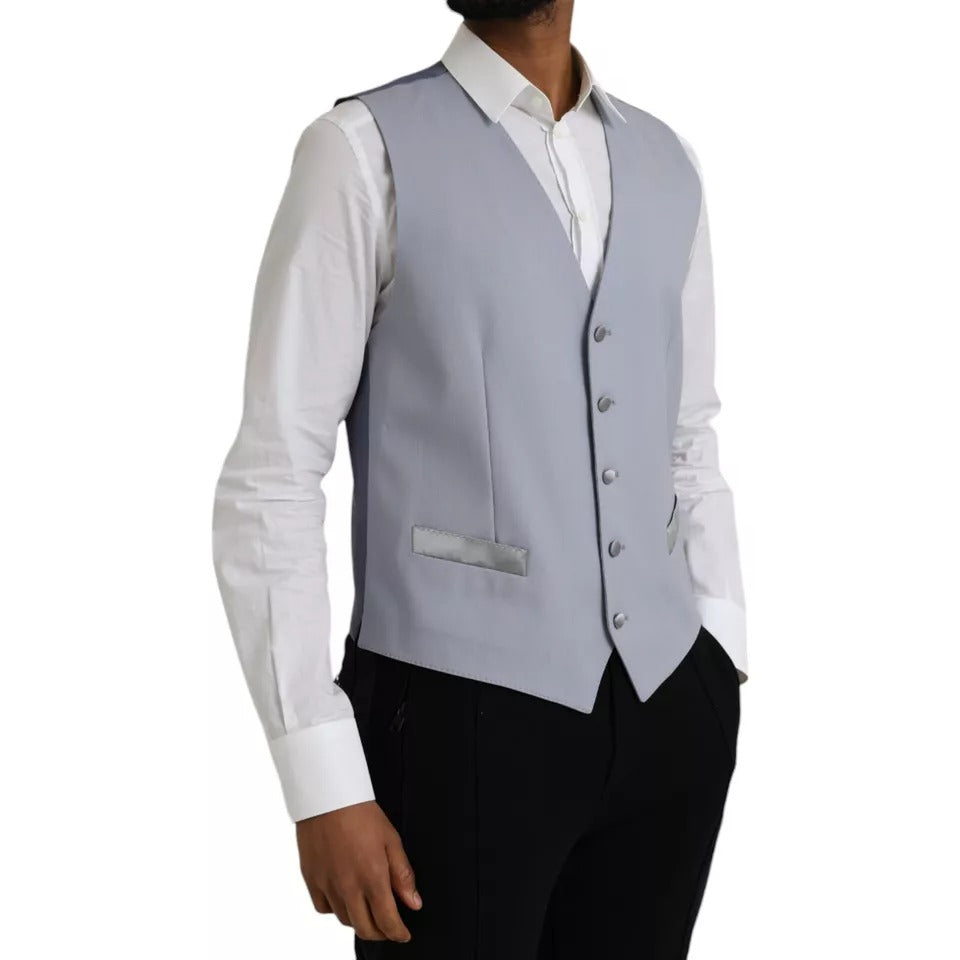 A light blue wool vest with a waistcoat, part of a formal dress ensemble