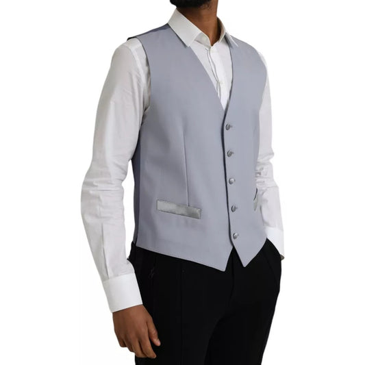 A light blue wool vest with a waistcoat, part of a formal dress ensemble