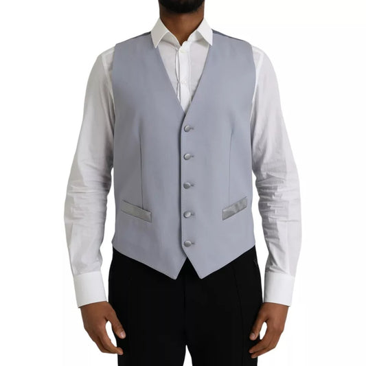 Men's formal vest, light blue wool, waistcoat with silver buttons