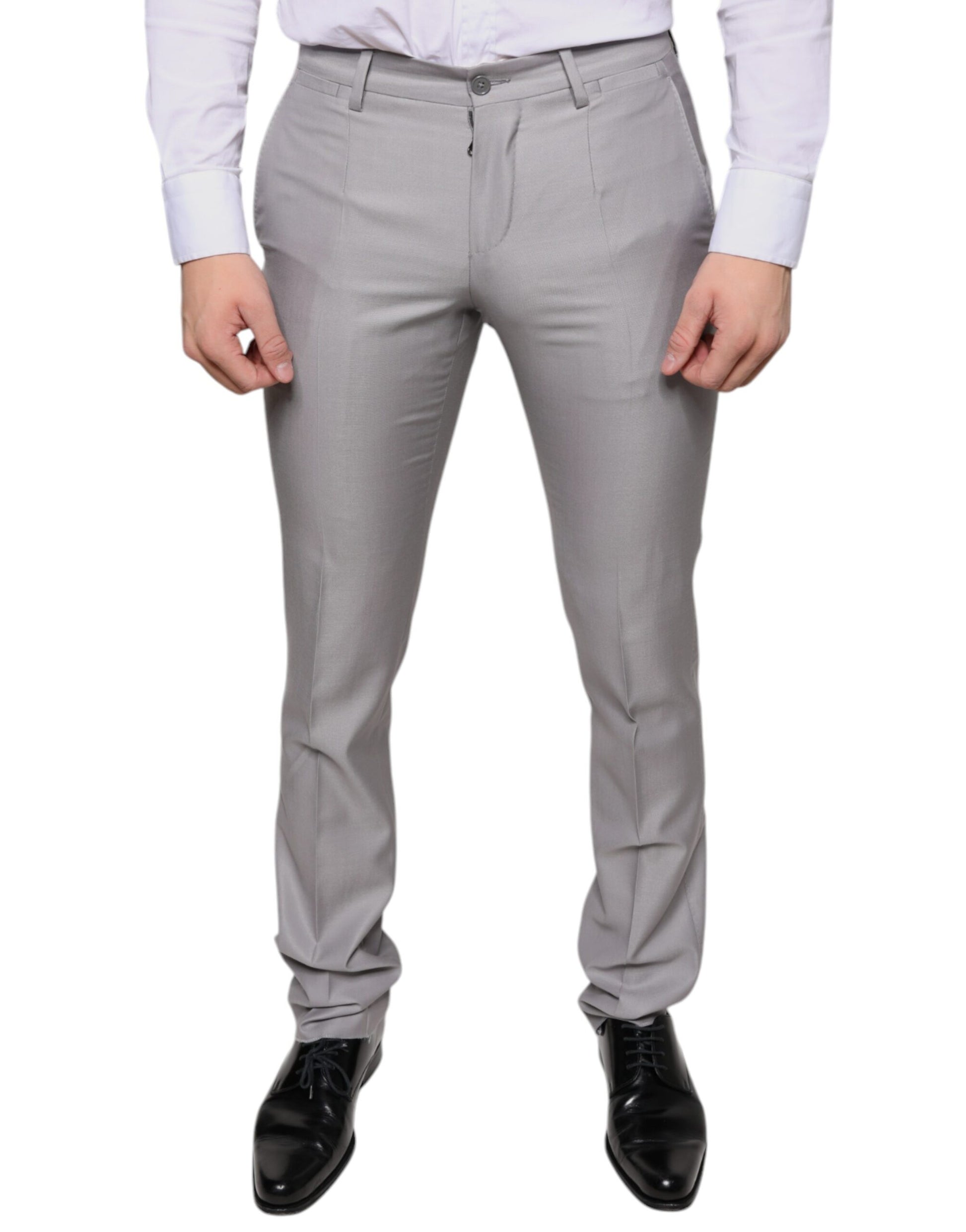 Men's light gray wool dress pants with belt loops and a zipper fly