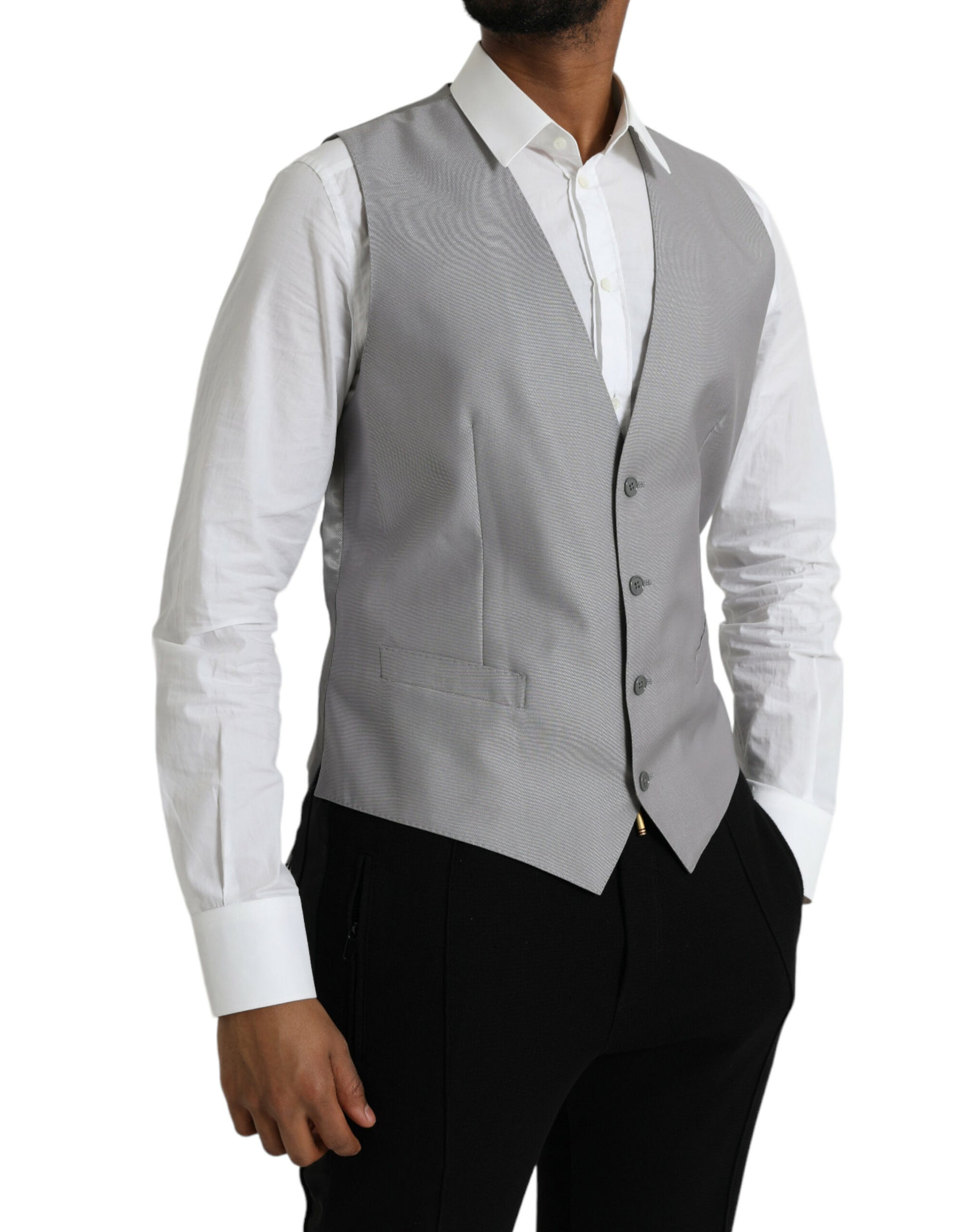 A light gray wool vest with a waistcoat design, part of a formal dress ensemble