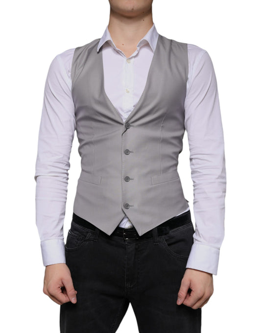 A light gray wool vest with a waistcoat design, part of a formal dress ensemble