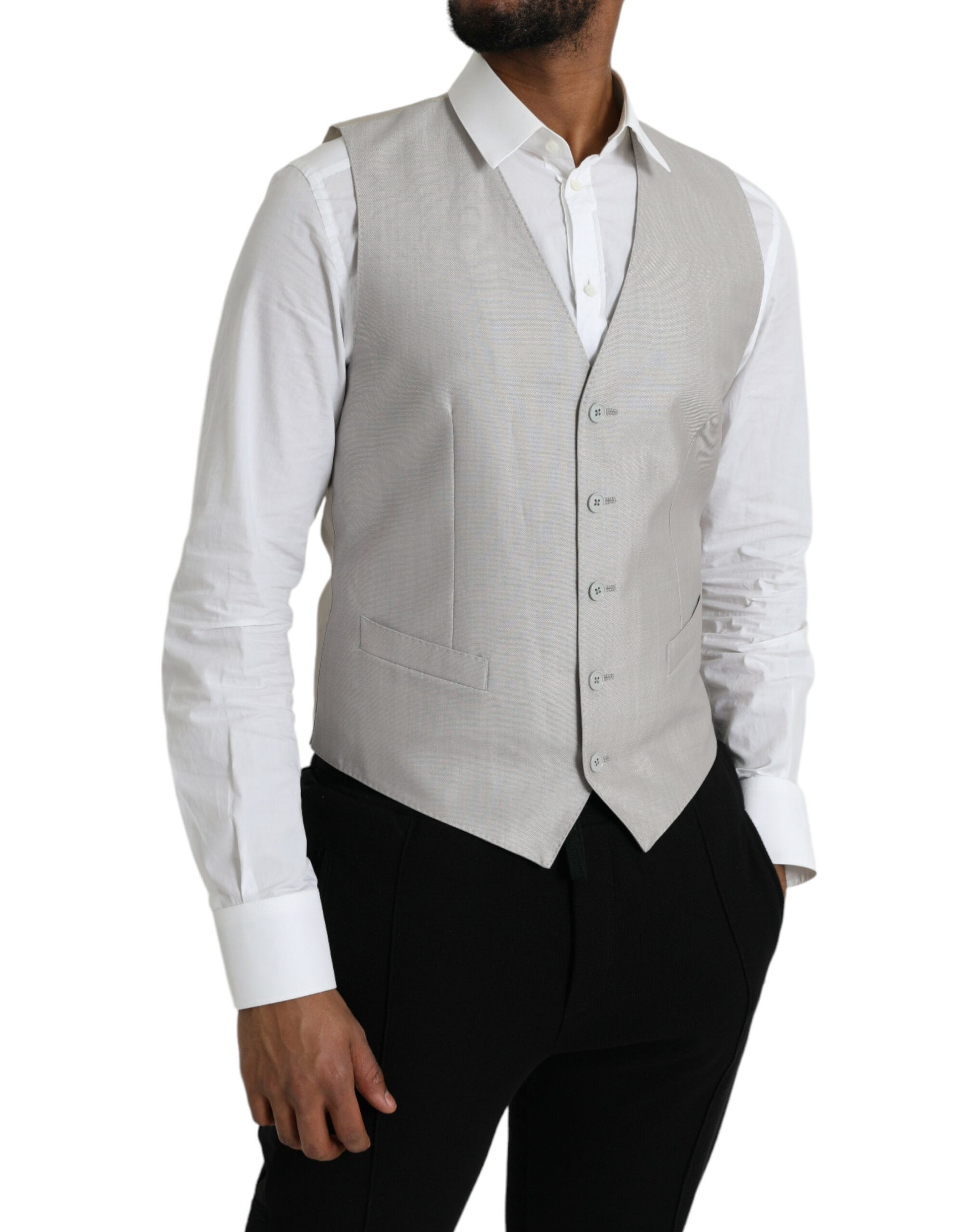 A light gray wool vest with a double-breasted design