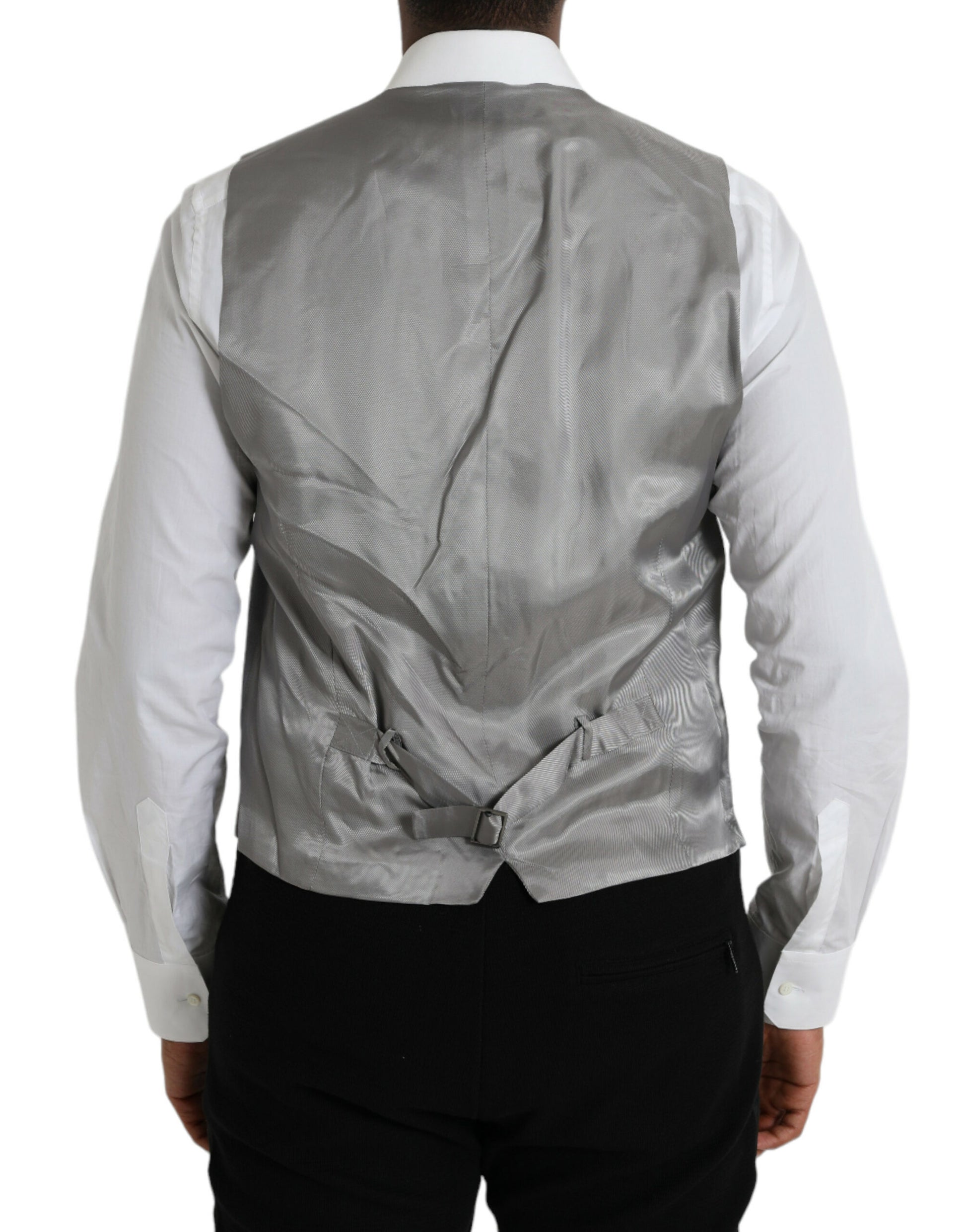 A light gray wool vest with a lapel and button closure