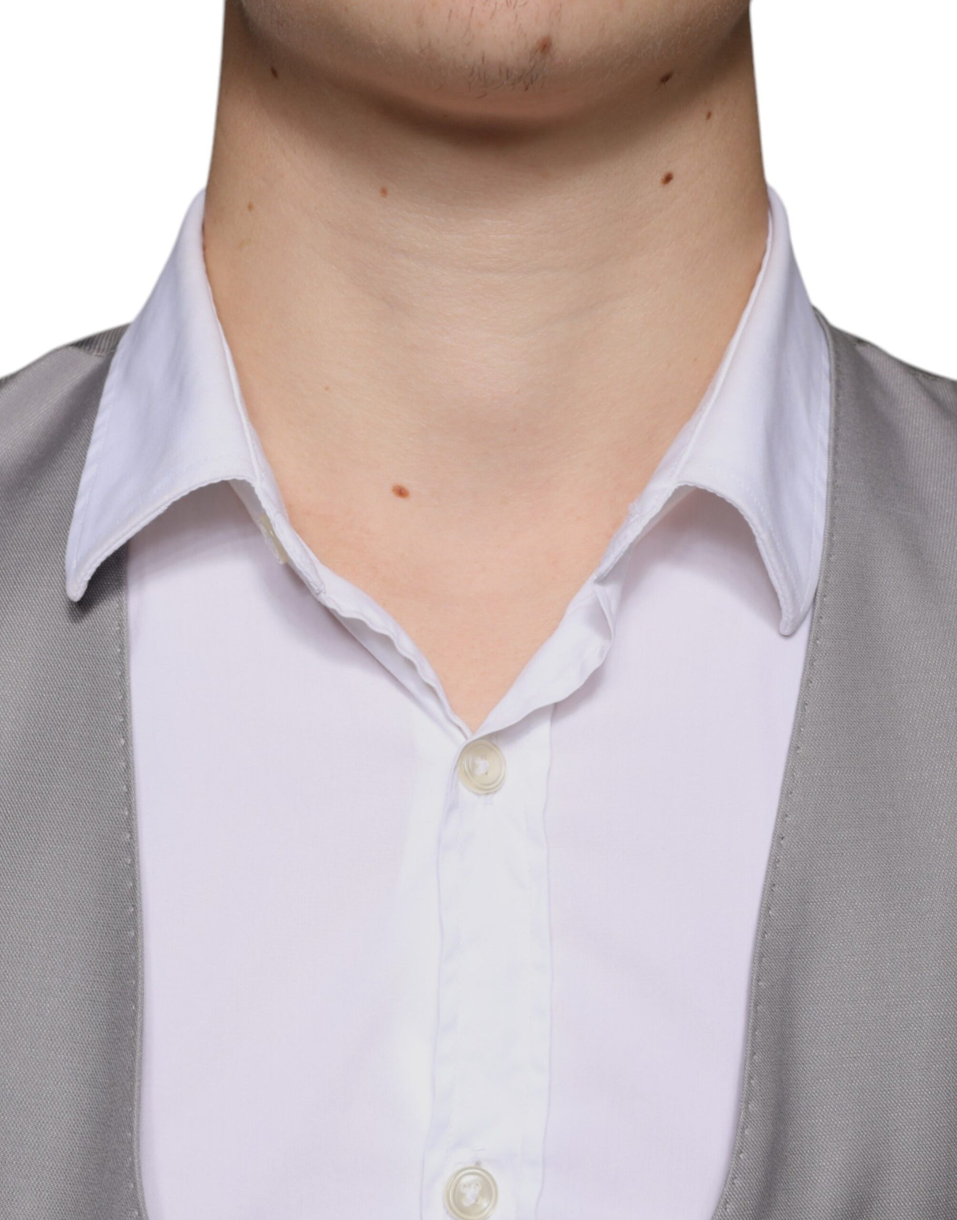 A light gray wool vest with a collar and buttons, part of a formal dress ensemble