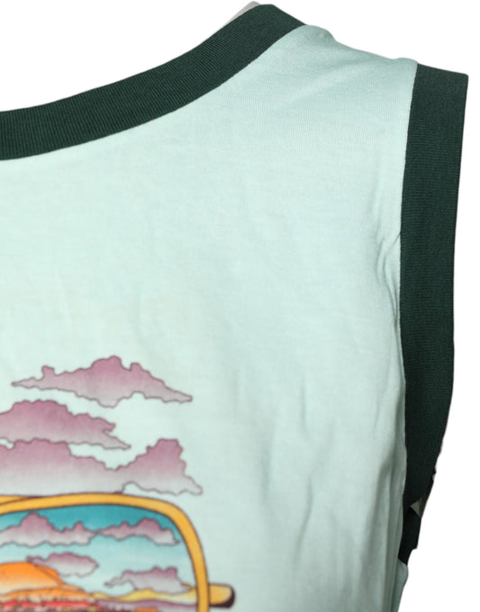 White sleeveless shirt with colorful graphic print on front