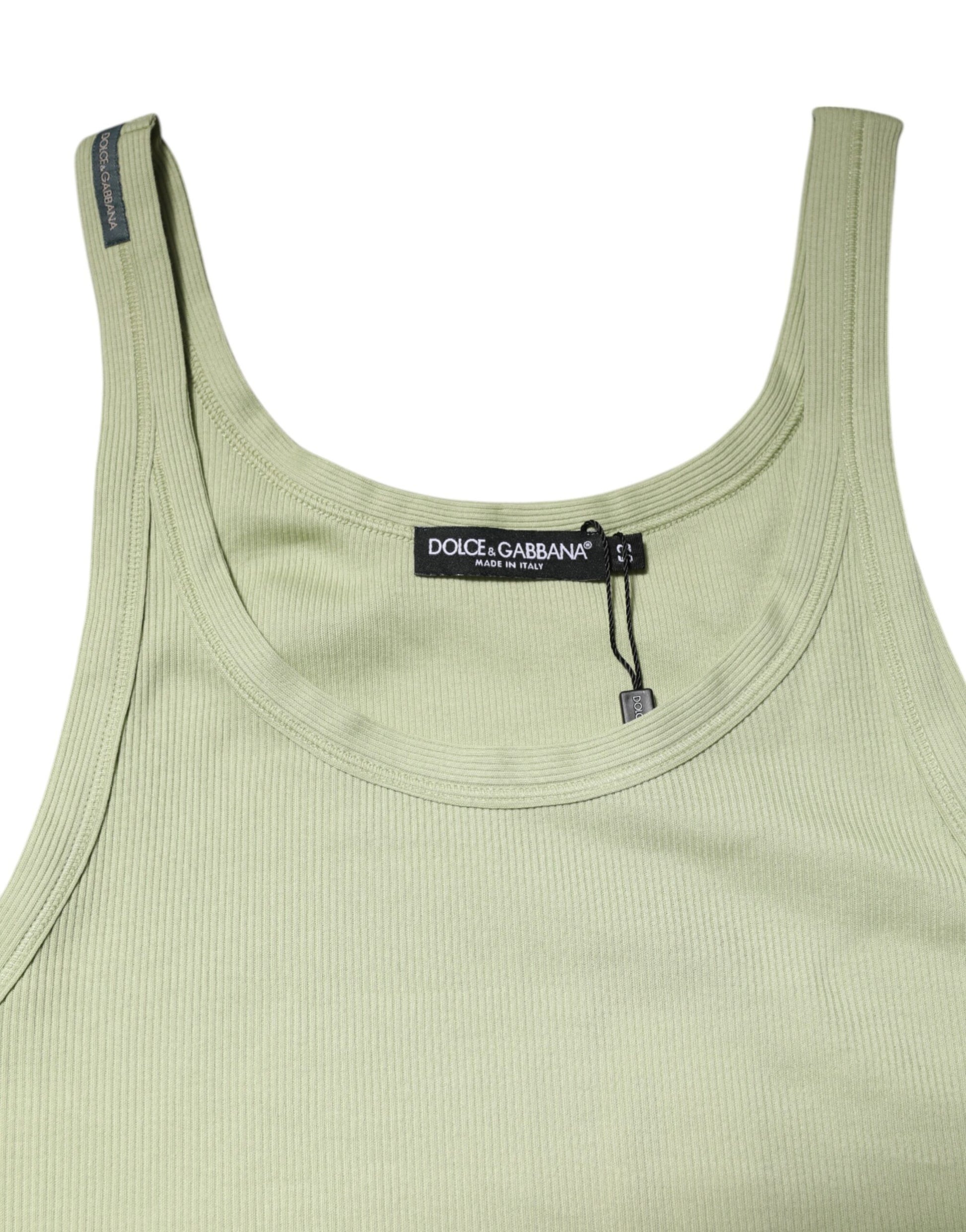 Green tank top with black label on neckline