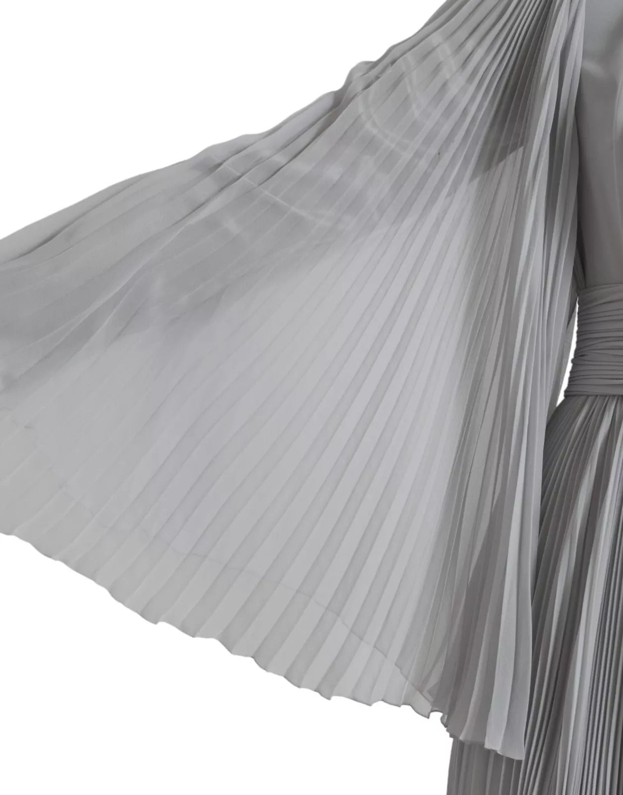 A light grey pleated maxi dress with a polyester fabric