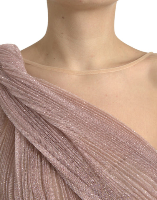 Pink tulle dress with pleats and lame detailing, one shoulder design