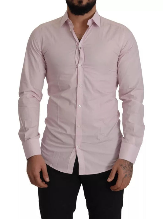 A light pink cotton dress shirt with a gold collar and buttons