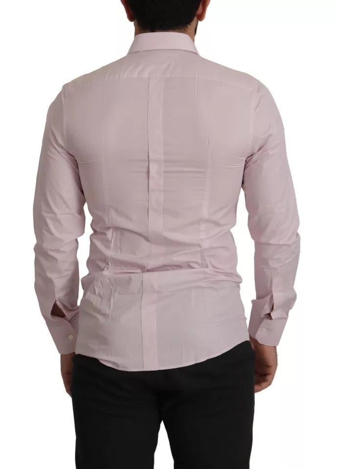 A light pink cotton dress shirt with a gold collar and cuffs