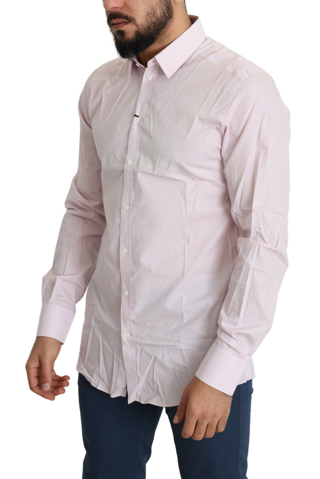 A light pink cotton formal dress shirt with long sleeves and a collar