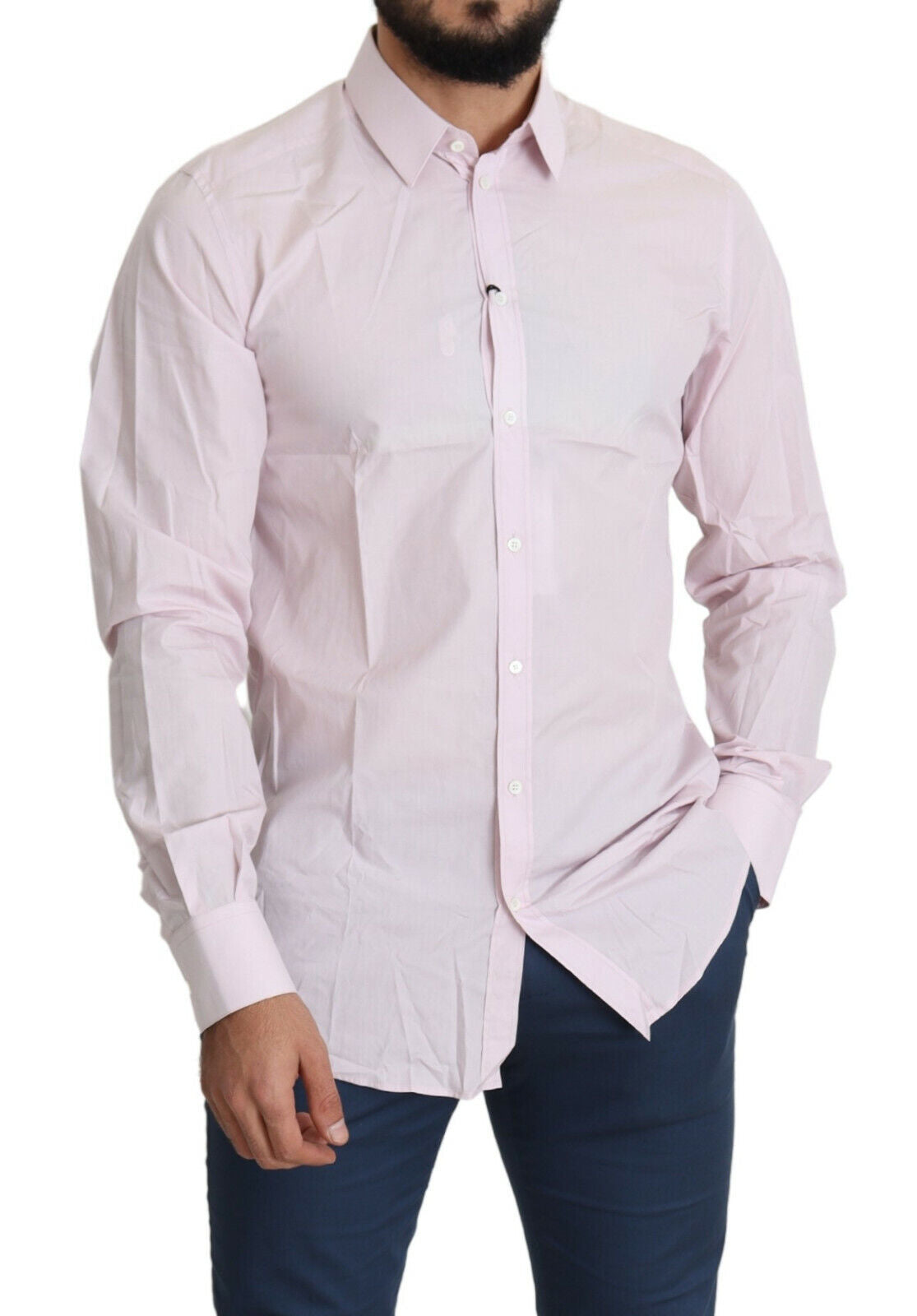 A light pink cotton formal dress shirt with long sleeves and a collar