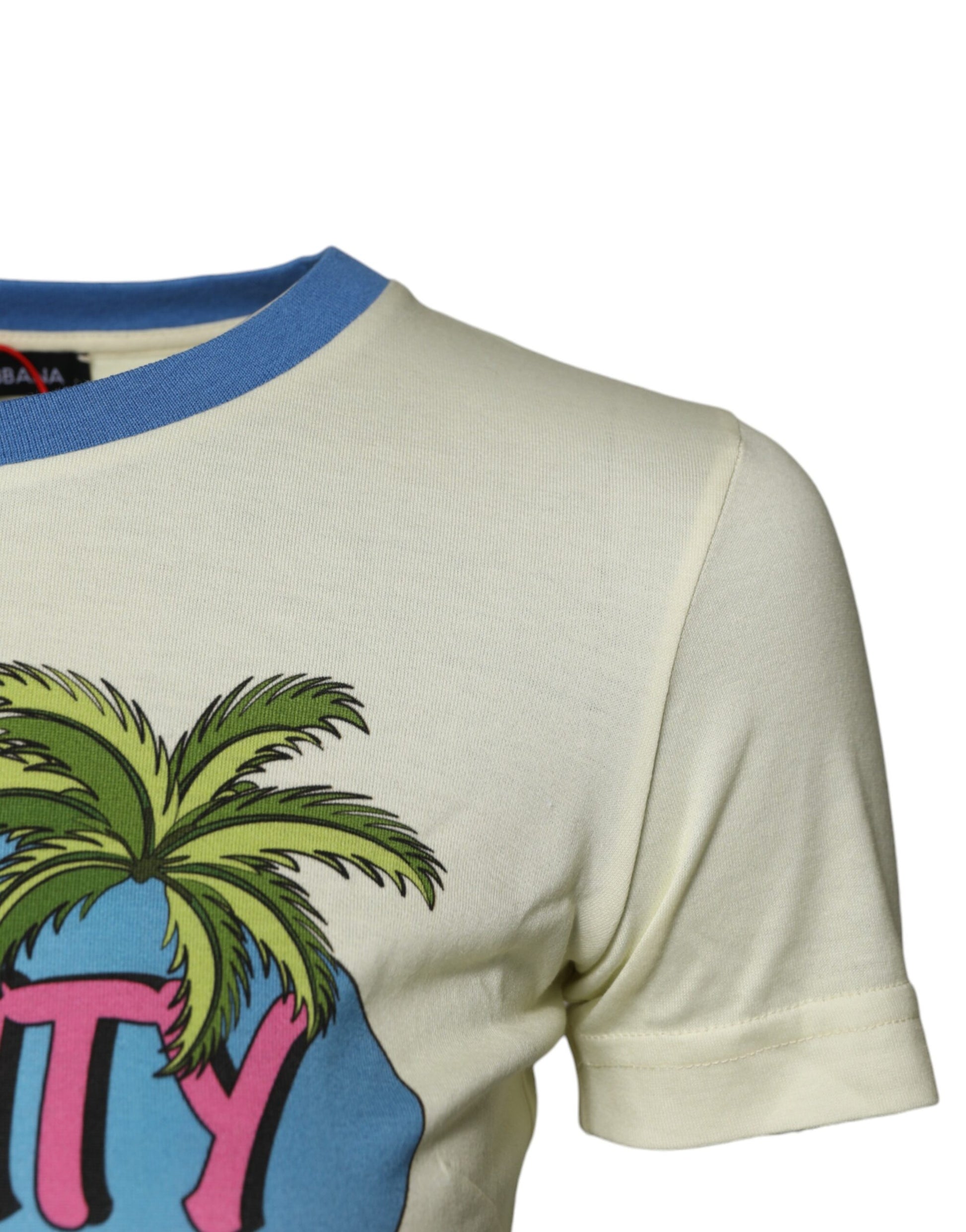 Yellow t-shirt with palm trees and blue writing