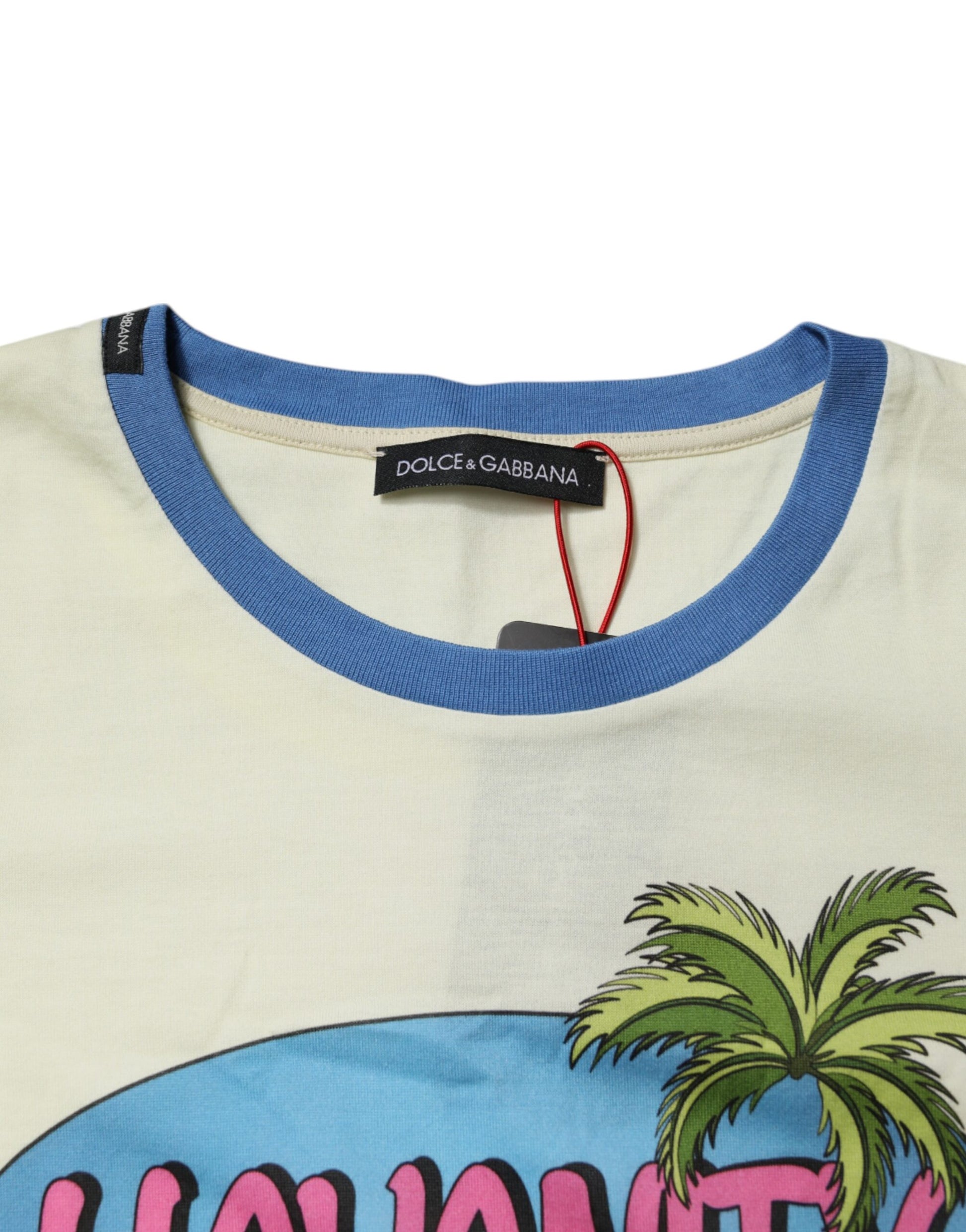 Blue collar on a shirt with palm trees and writing