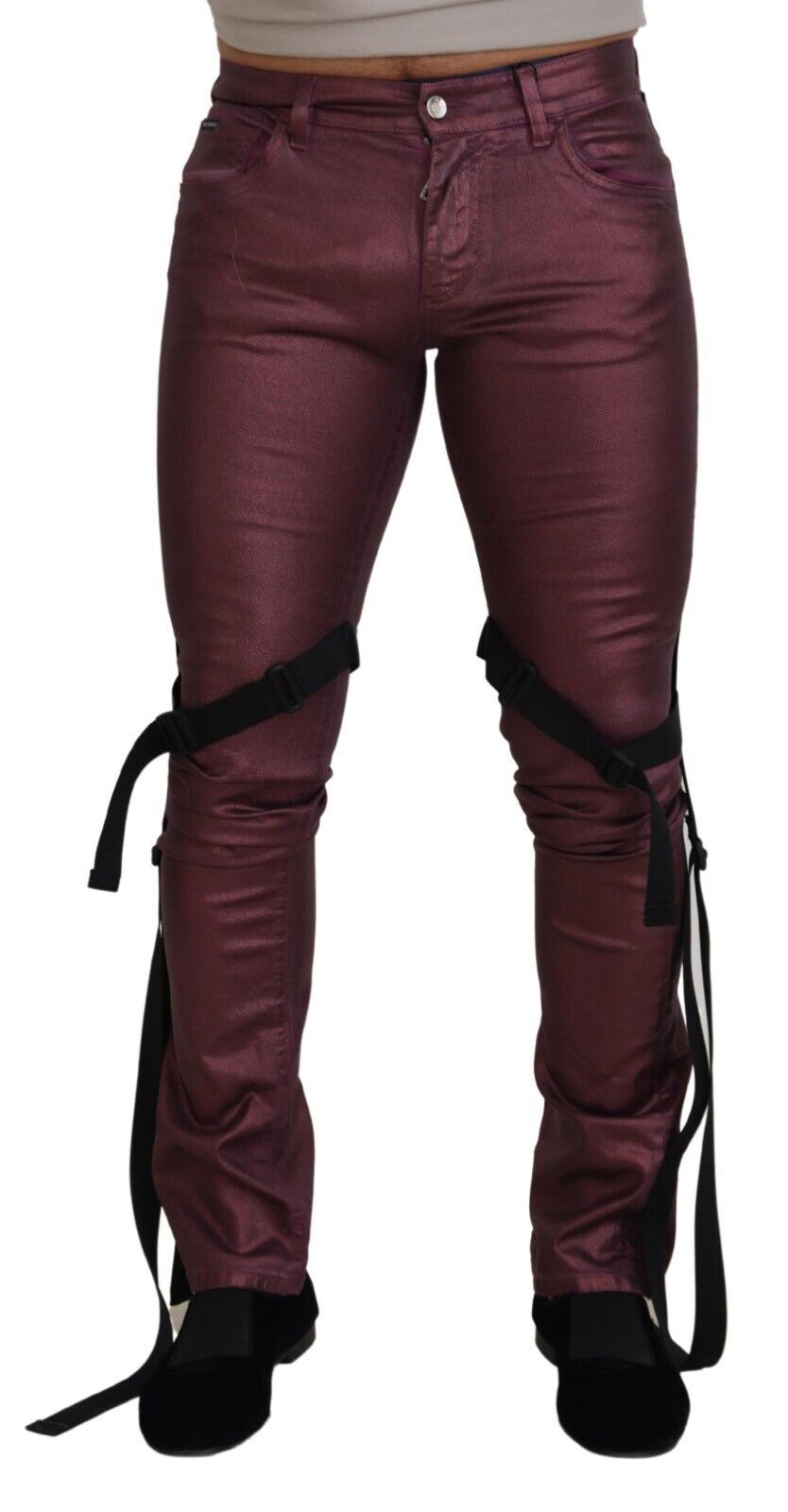 Pair of purple skinny jeans with zipper details on legs
