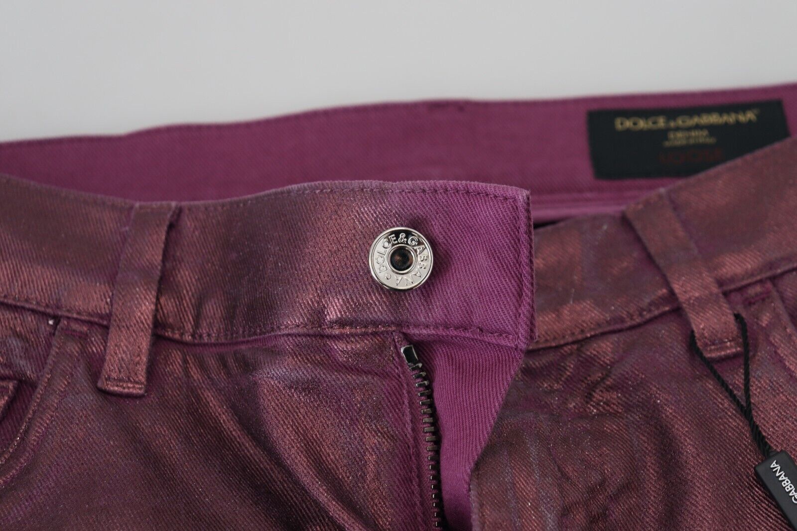 Purple velvet pants with zippered front closure