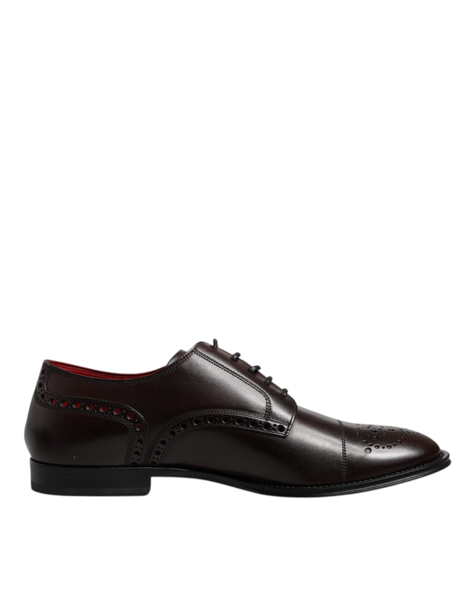 A pair of men's dress shoes in maroon calfskin leather with a derby style and red laces
