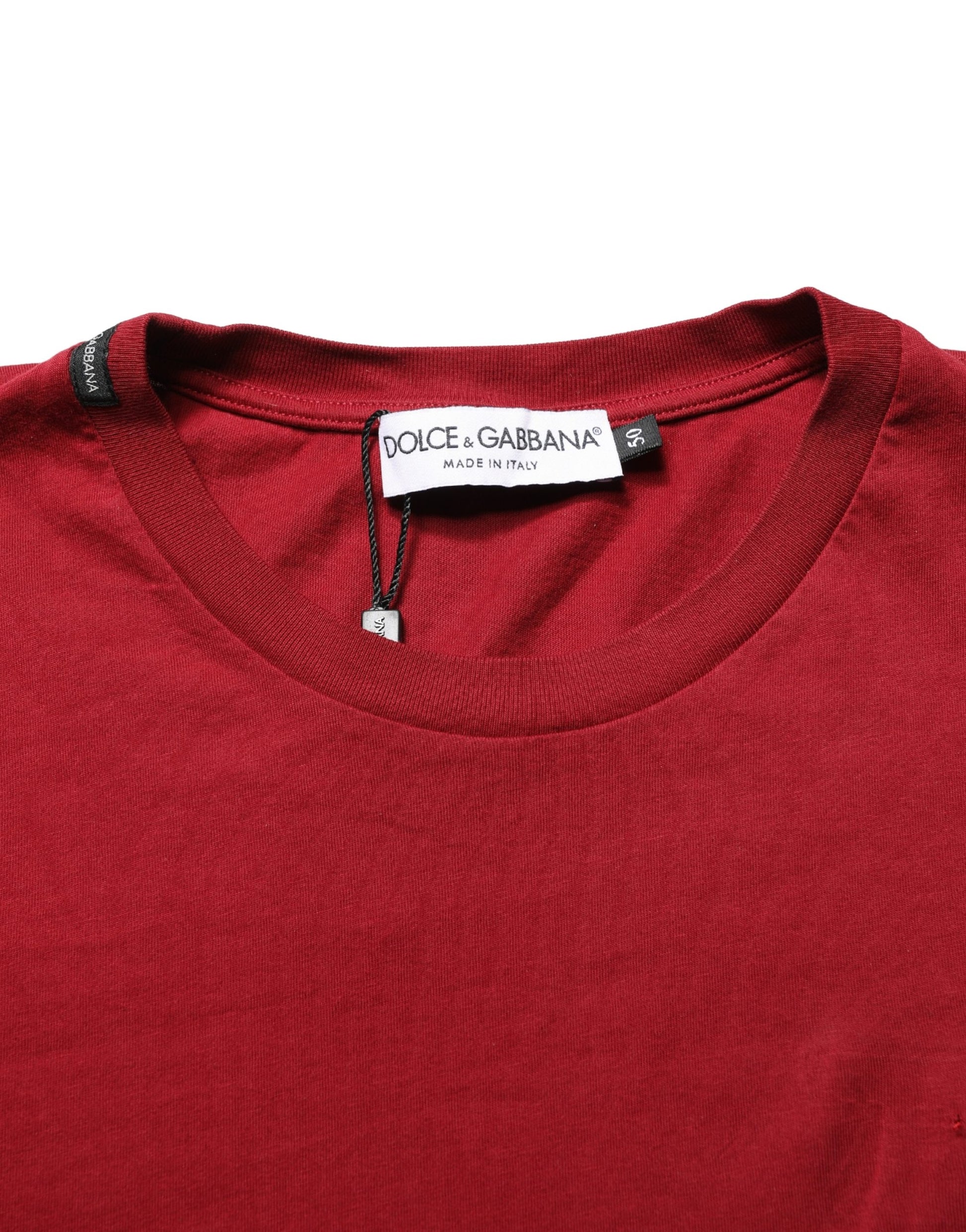 Red crew neck t-shirt with black label