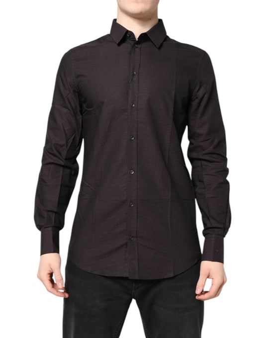 A maroon jacquard cotton dress shirt with gold accents