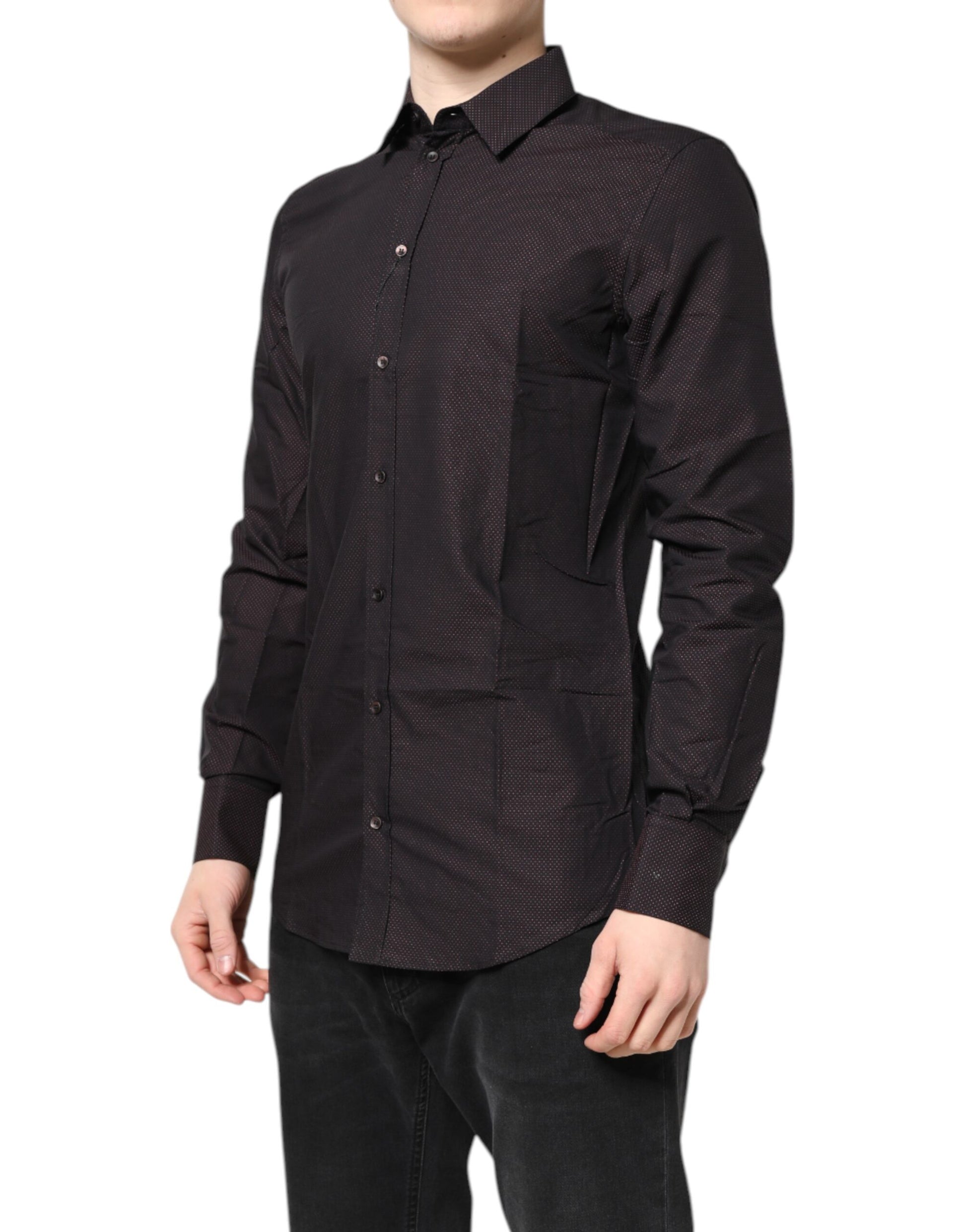 A maroon jacquard cotton dress shirt with gold accents