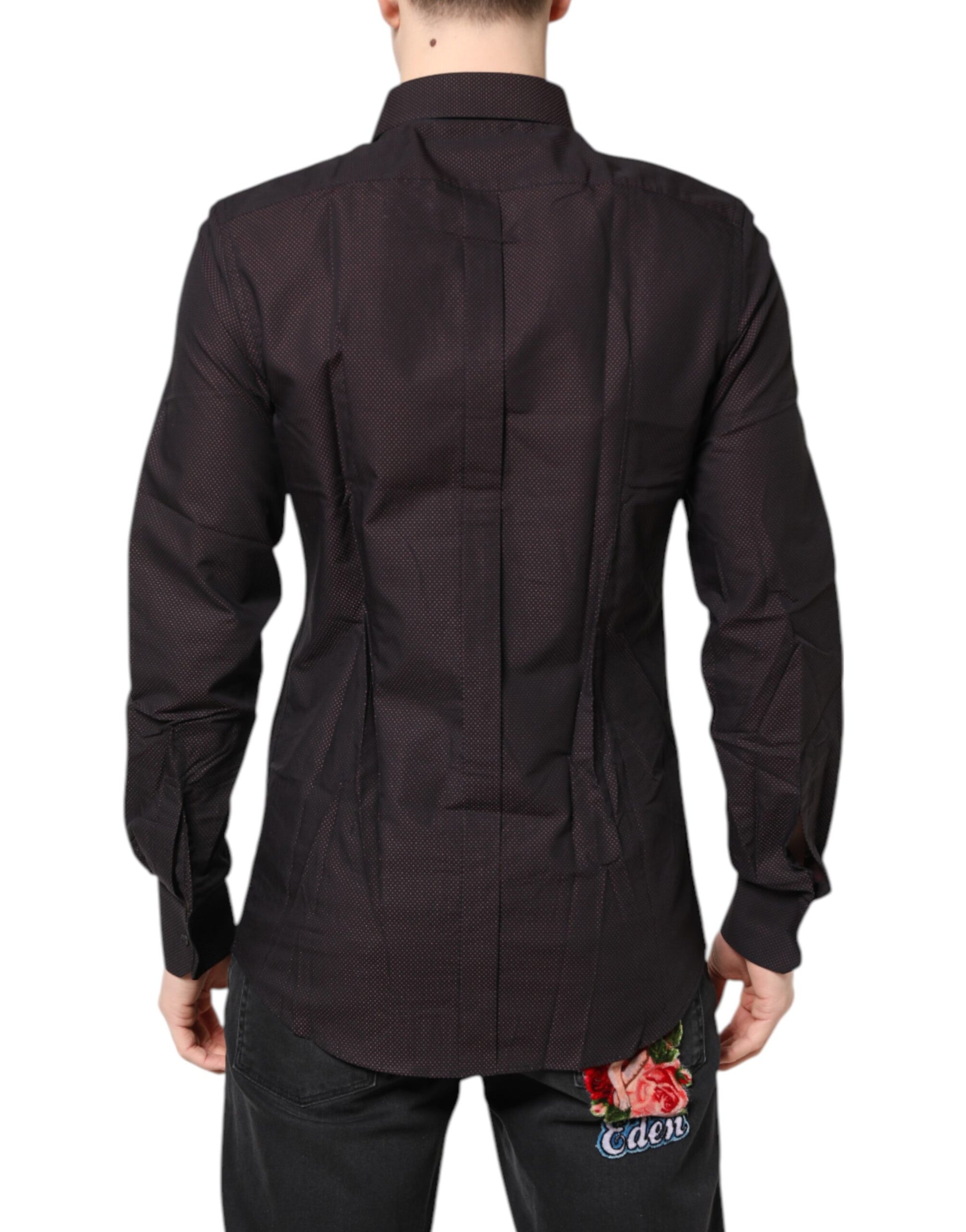 A maroon jacquard cotton dress shirt with gold accents
