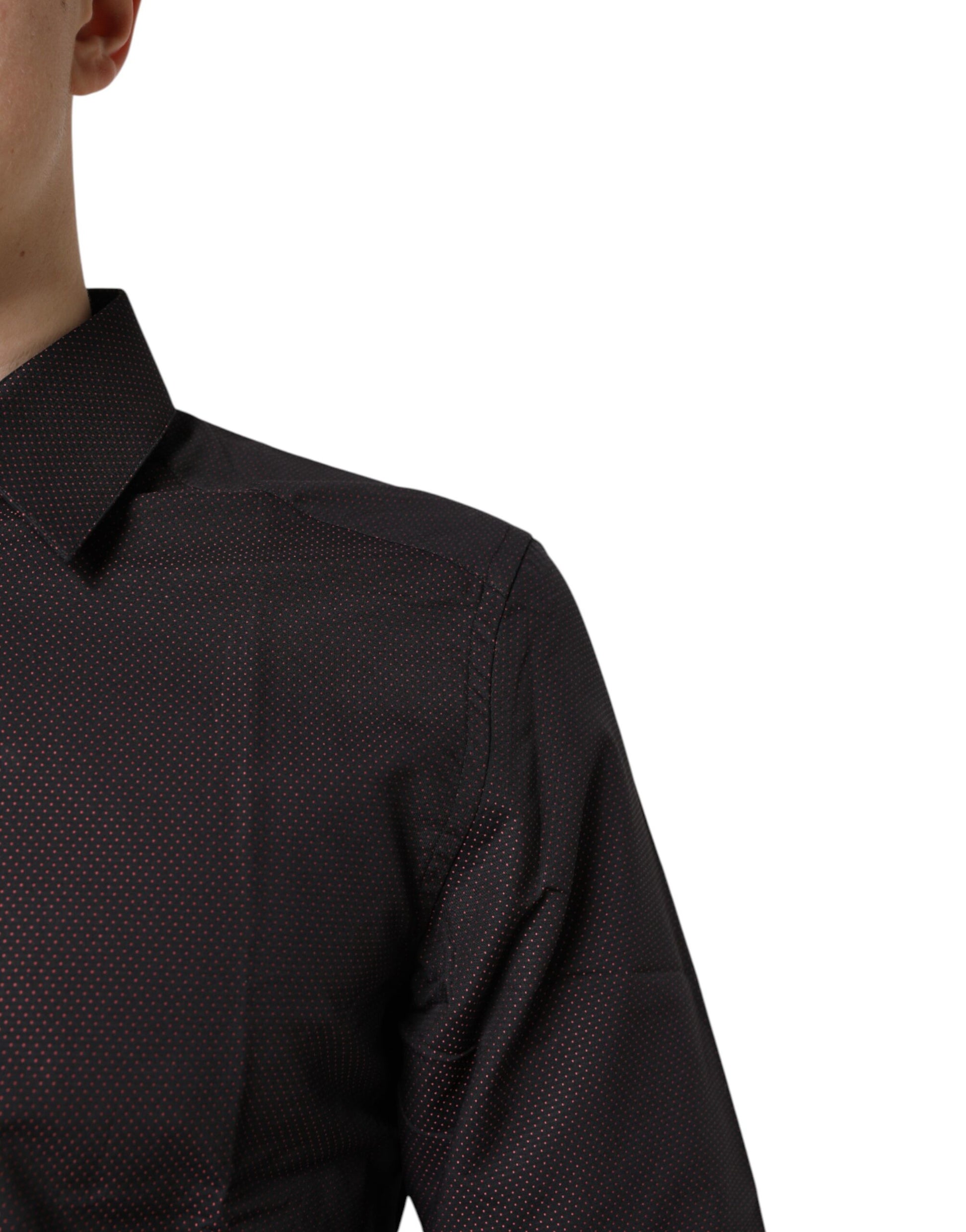 Black men's dress shirt with gold pattern, short sleeves, collar and button-up front