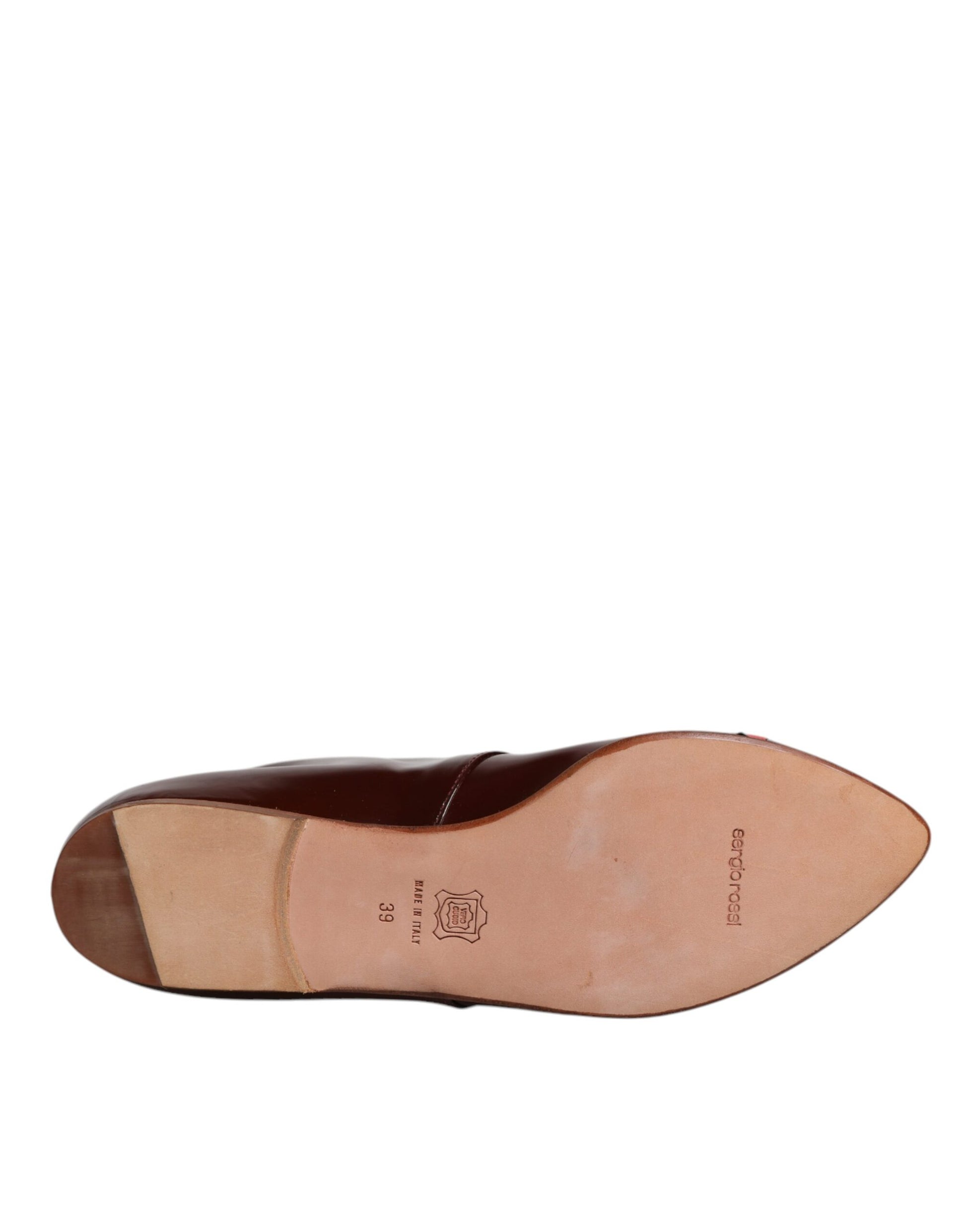 Brown leather shoe on display