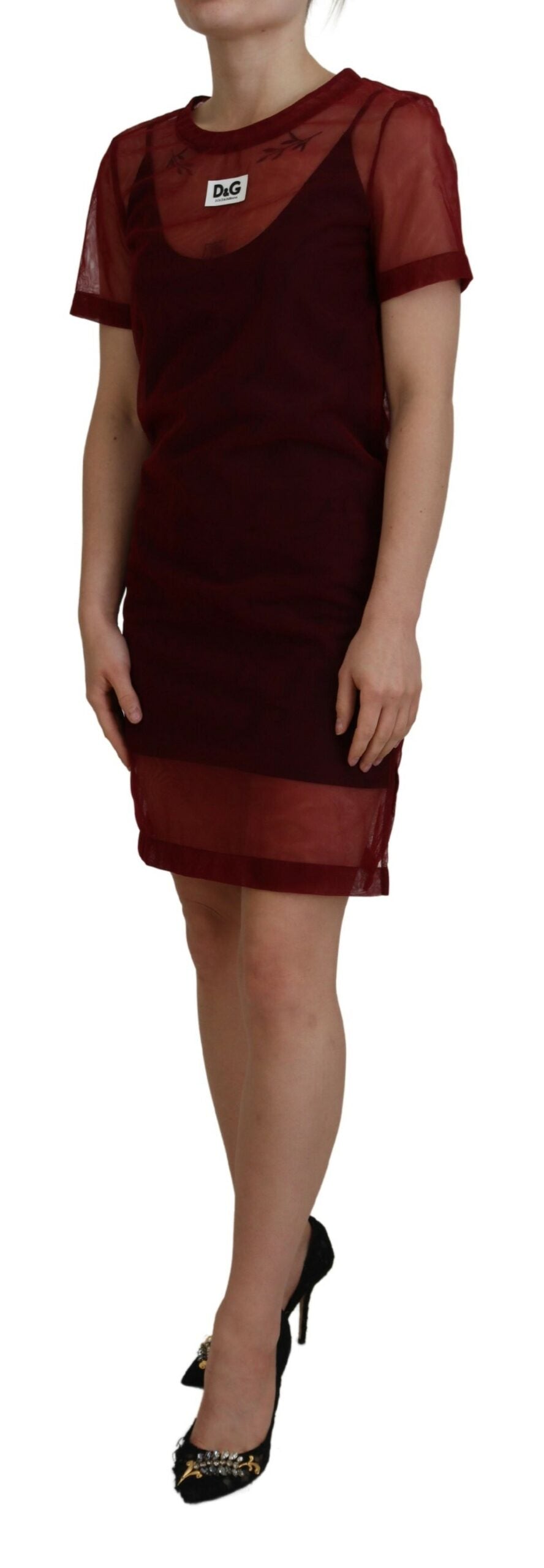 A maroon nylon two layer shift mini dress with a V-neckline