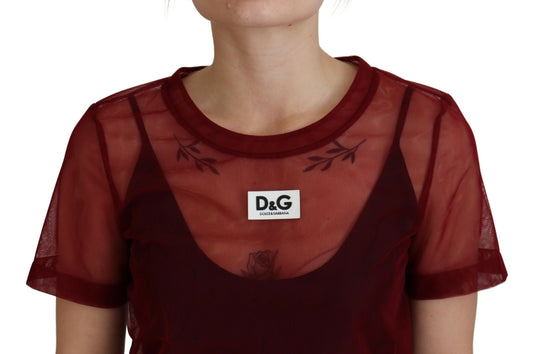 A maroon nylon two layer shift mini dress with a sheer overlay