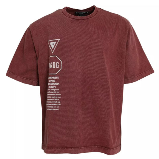 Red t-shirt with white lettering on front