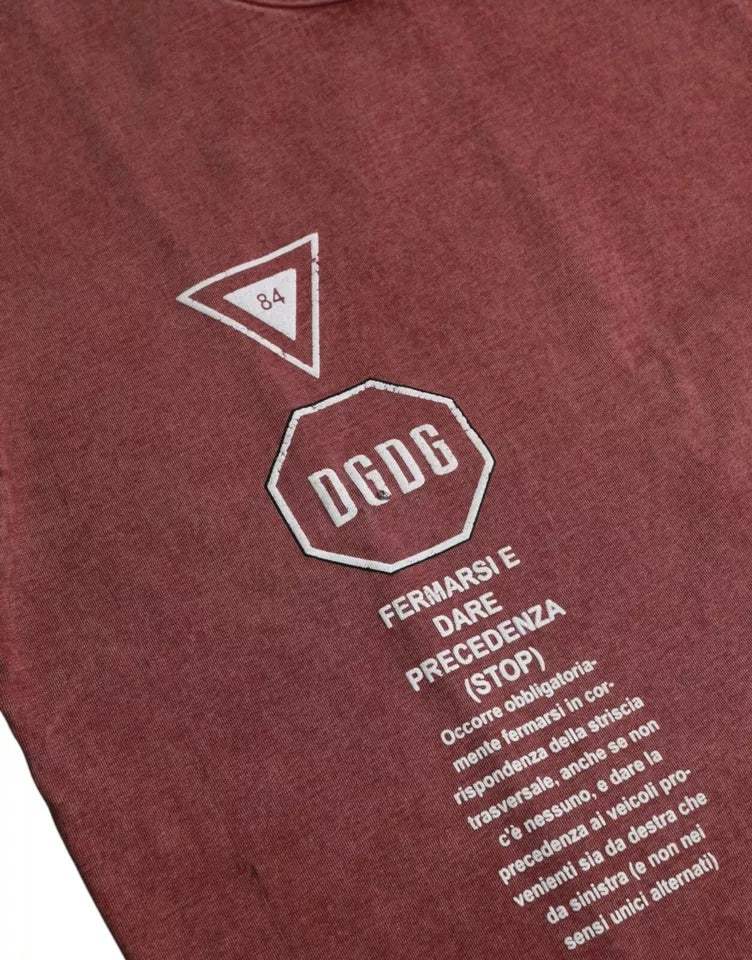 Red t-shirt with white lettering and logo