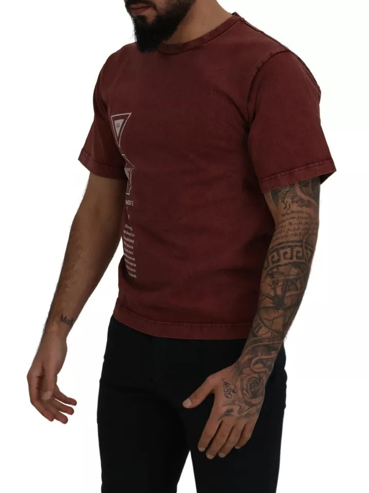 Man wearing red t-shirt with graphic design on front