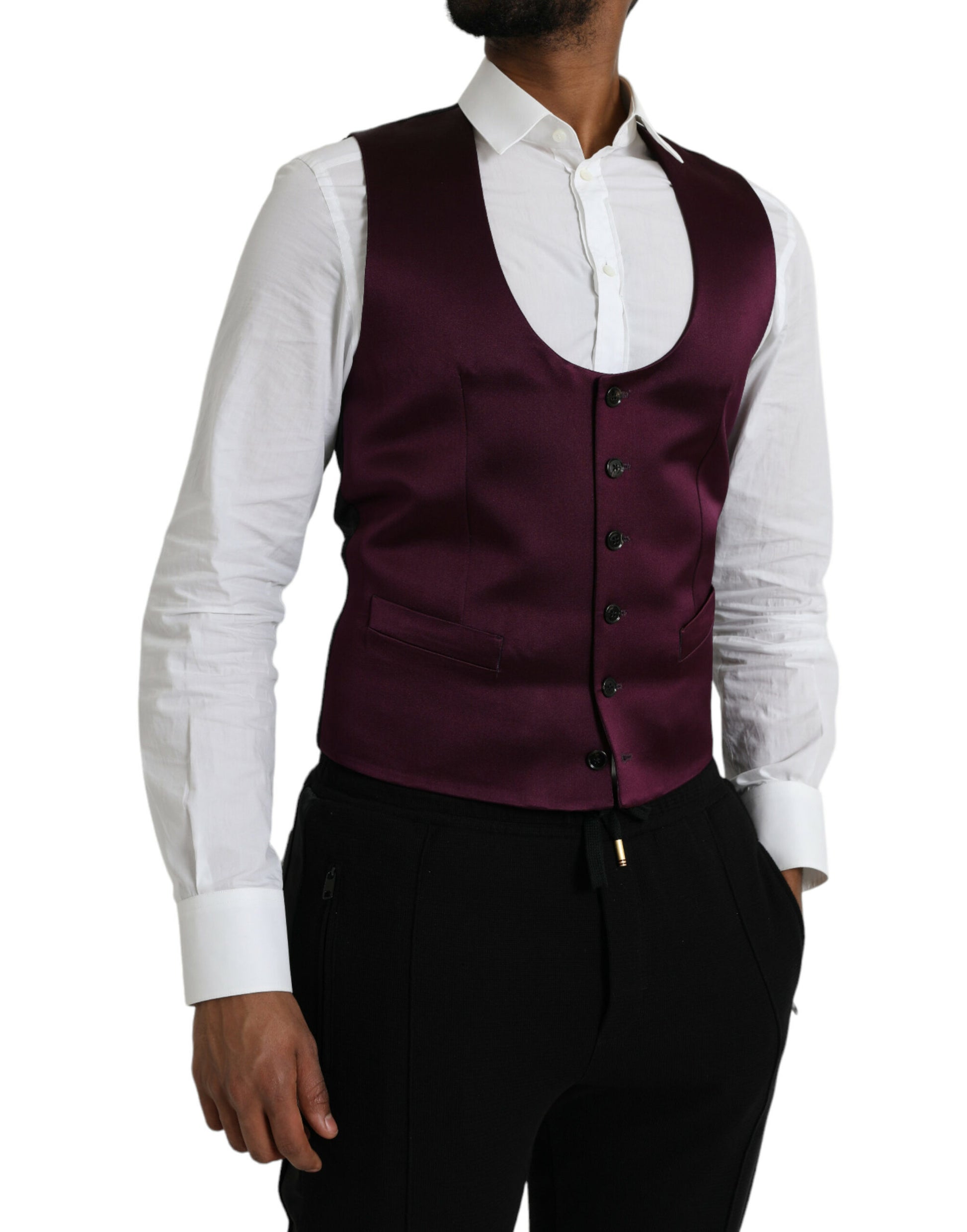A maroon satin silk waistcoat with a vest
