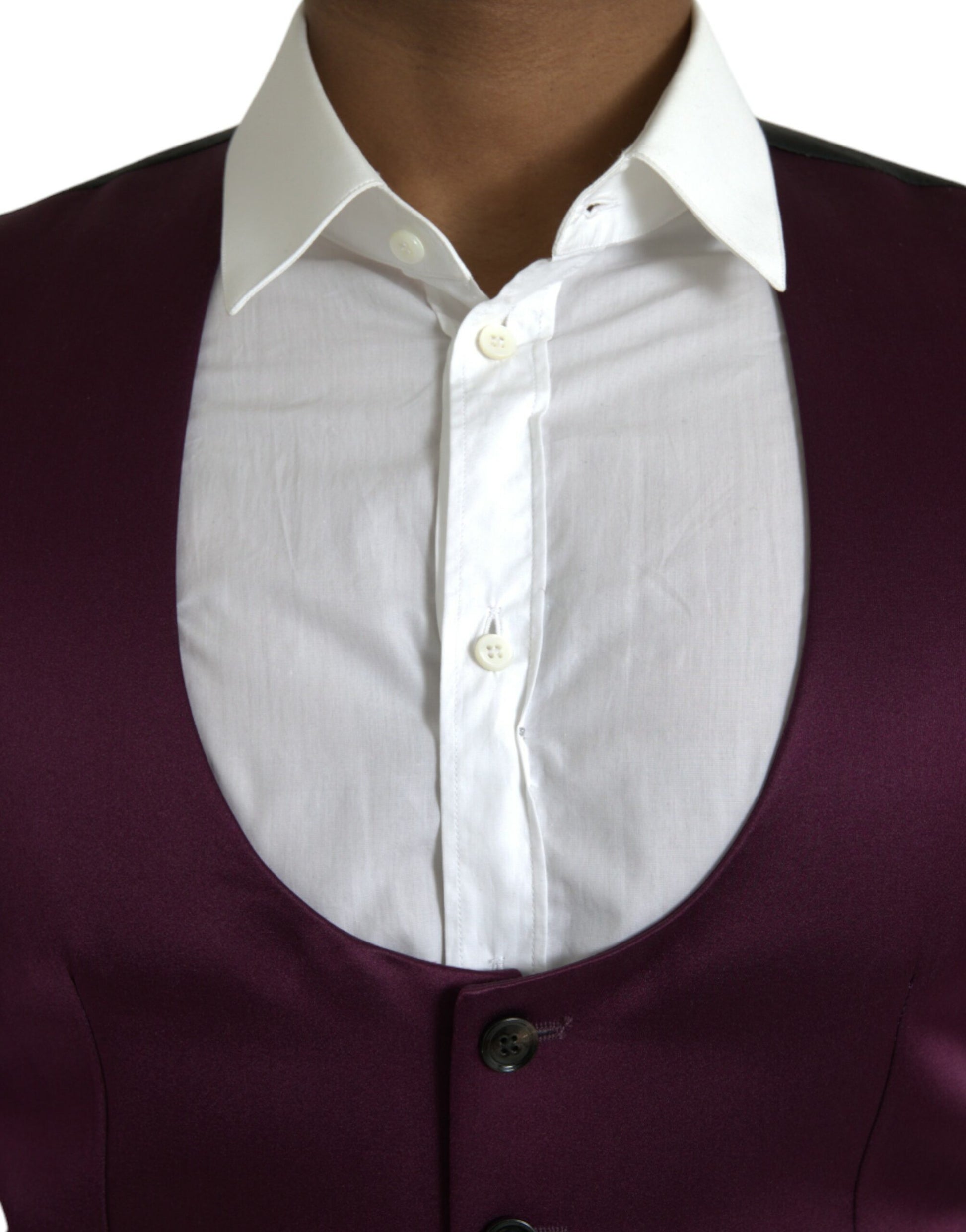 Purple satin vest with white shirt underneath