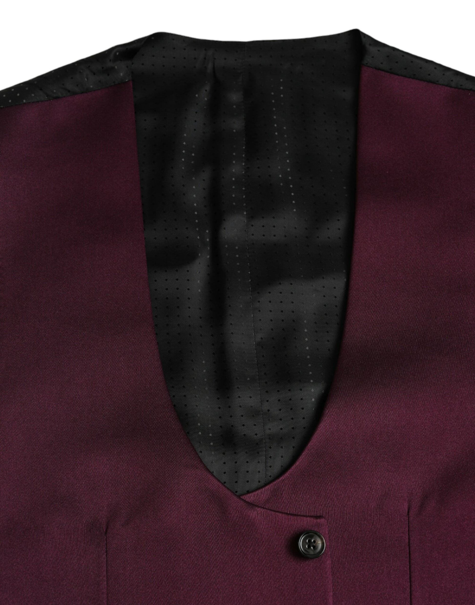 A maroon satin silk waistcoat with a black lapel